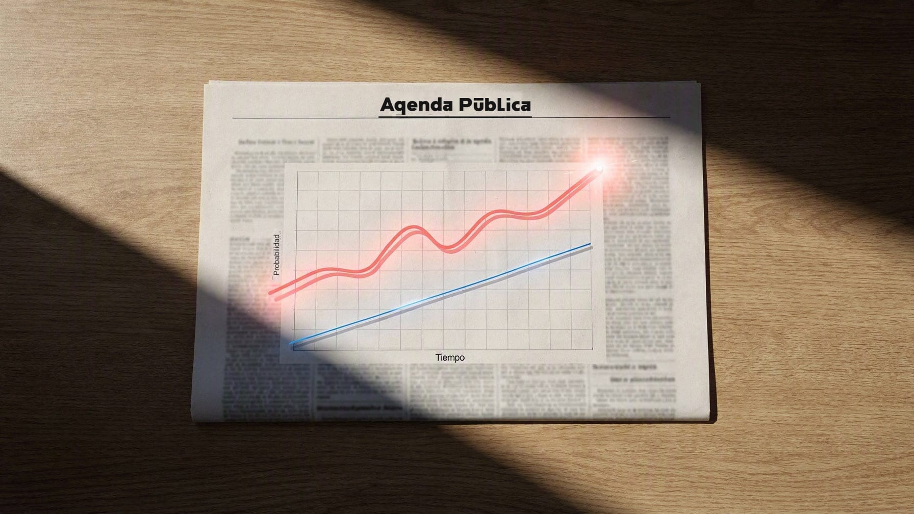 A Spanish newspaper page with the Agenda Pública masthead lies on a wooden desk in a band of afternoon sun; across its printed probability chart a glowing coral forecast line climbs to a bright point while a fainter blue line runs beneath it