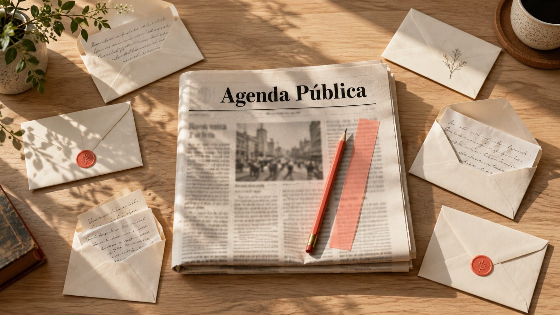 Editorial illustration of an Agenda Pública newspaper surrounded by reader-response envelopes on a sunlit oak desk