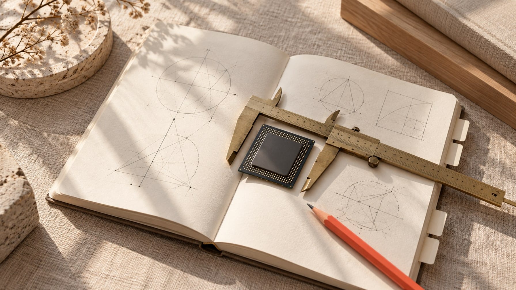 Editorial illustration of a microprocessor and brass caliper on an open geometry workbook.