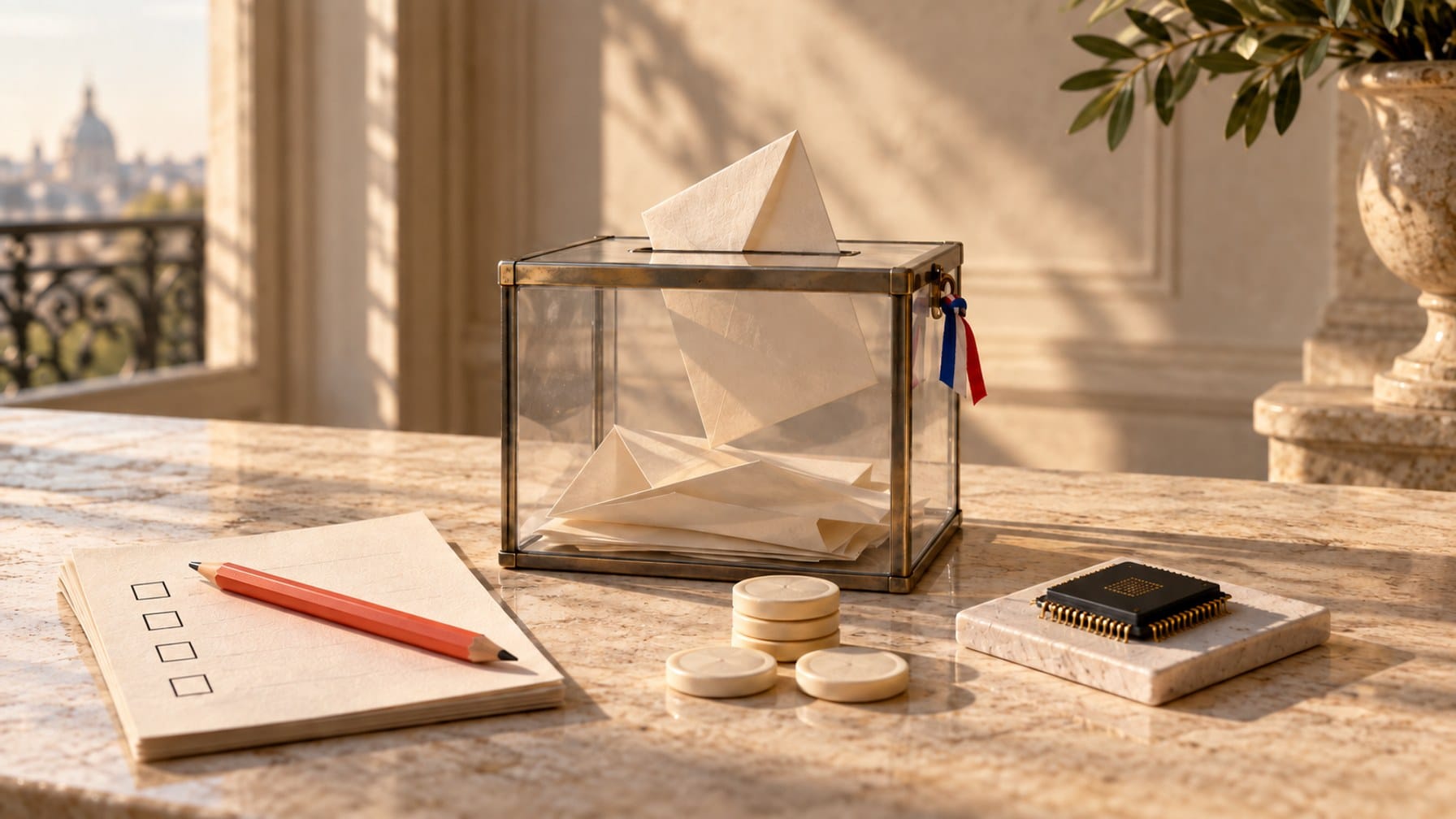 Editorial illustration of a glass ballot box with survey paper, trading tokens and a microchip on a sunlit stone table.