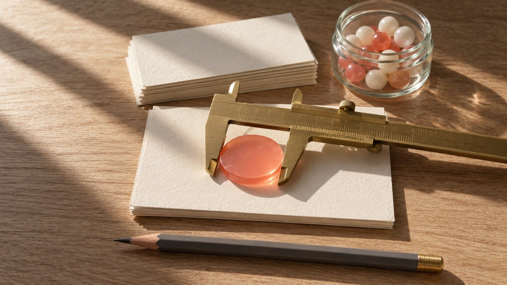 Editorial illustration of a brass caliper measuring a coral disc beside forecast record cards and a jar of beads