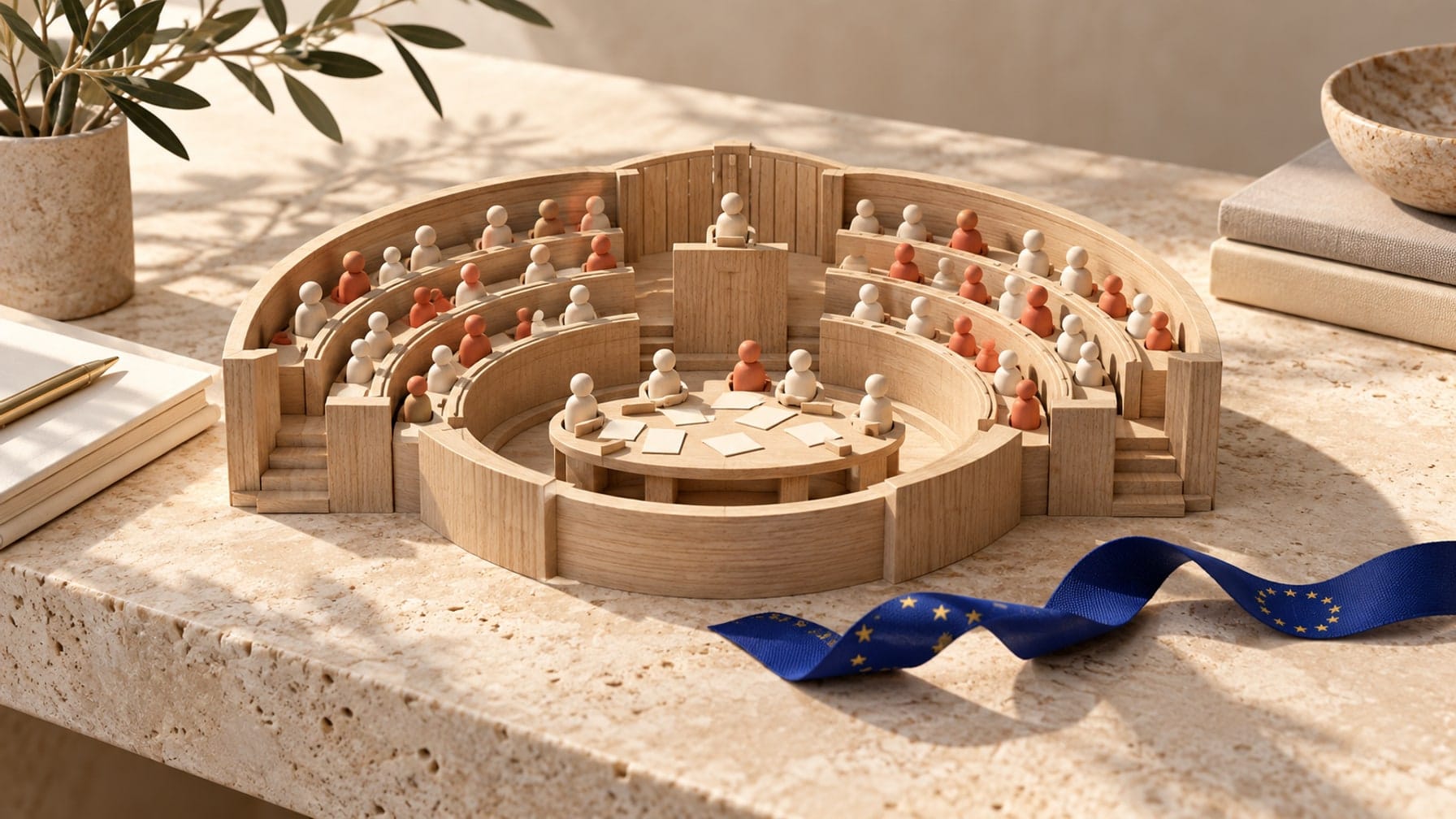 Editorial illustration of a wooden democratic assembly with citizen figures and forecast cards beside a European ribbon
