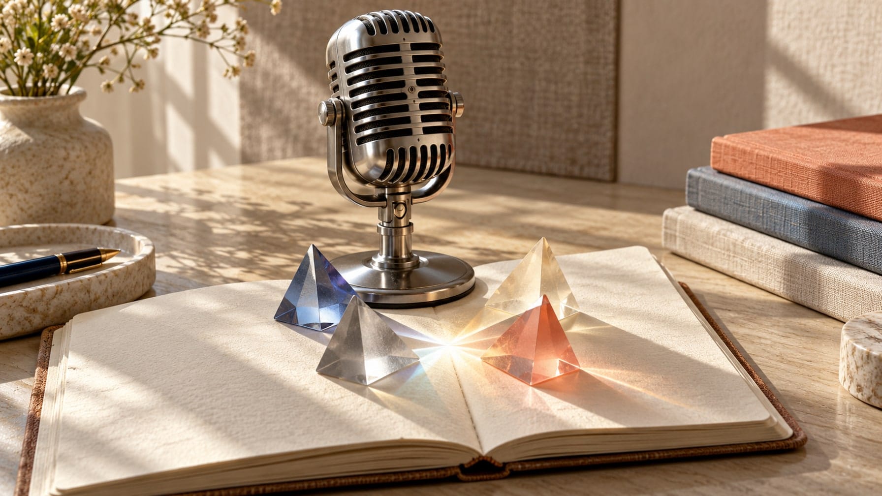 Editorial illustration of a silver broadcast microphone and four tinted glass prisms arranged around an open notebook.