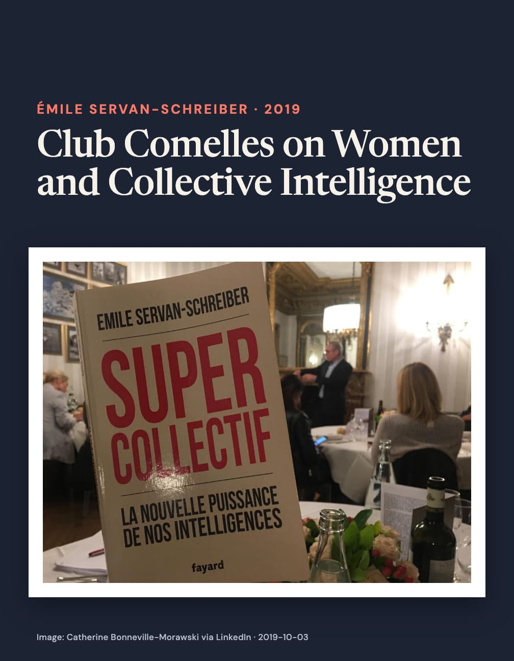 “Club Comelles on Women and Collective Intelligence” appears above a photograph of Supercollectif, subtitled “La nouvelle puissance de nos intelligences”, in front of diners and a standing speaker.