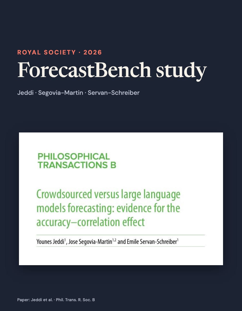 “ForecastBench study”, Royal Society · 2026 and Jeddi · Segovia-Martin · Servan-Schreiber above a white sheet with the original green journal masthead, full paper title and author line.
