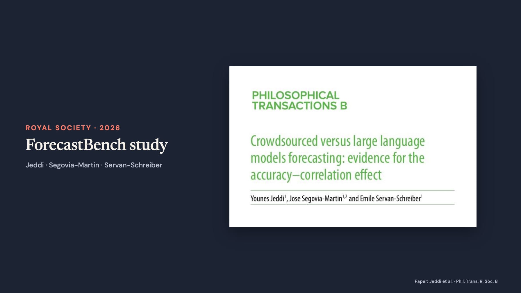“ForecastBench study”, “Royal Society · 2026” and the three authors on navy beside a white sheet containing the original green Philosophical Transactions B masthead and the paper title “Crowdsourced versus large language models forecasting: evidence for the accuracy–correlation effect”.