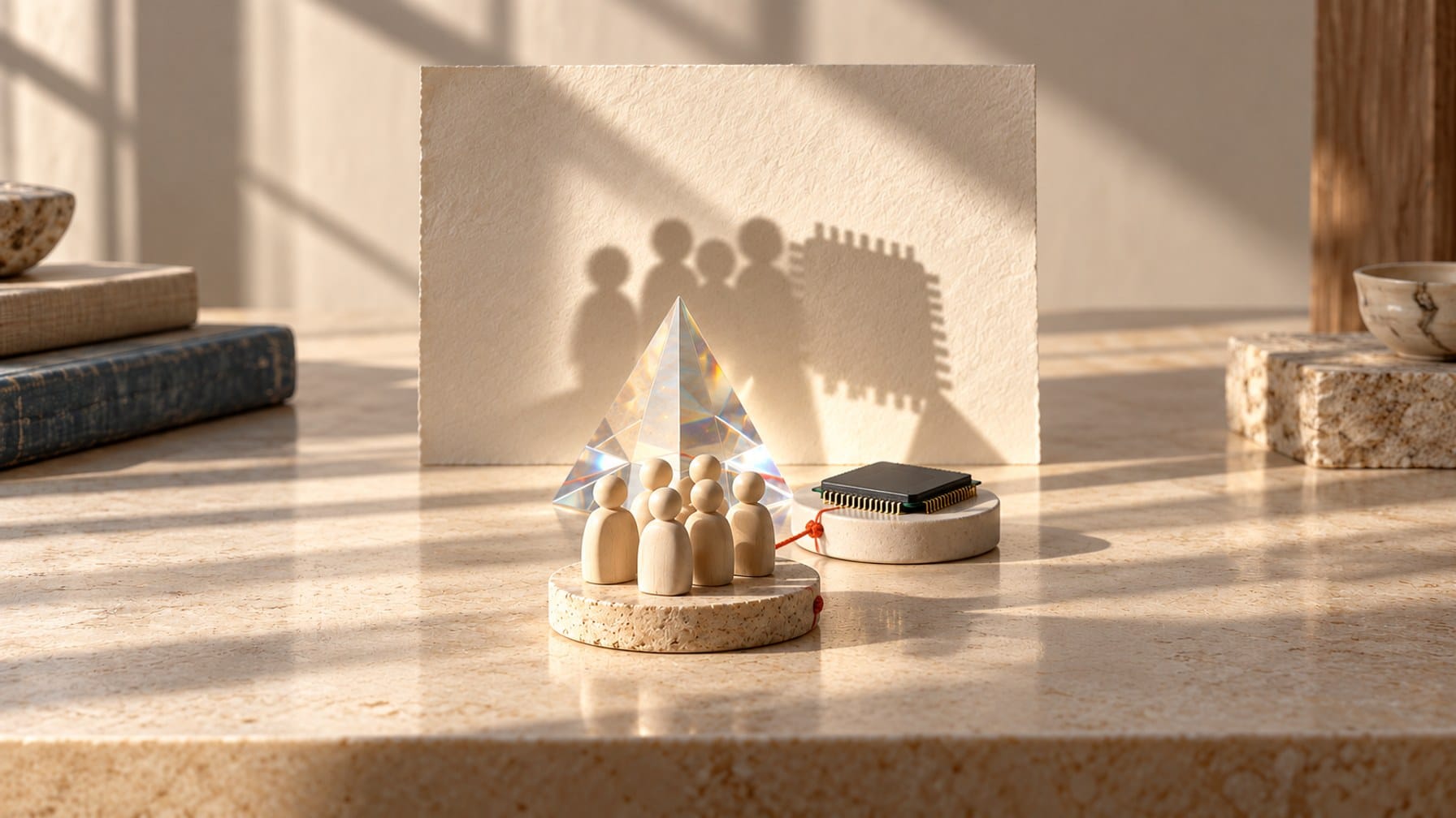 Editorial illustration of human-shaped pieces and a microchip casting overlapping shadows beside a glass prism.