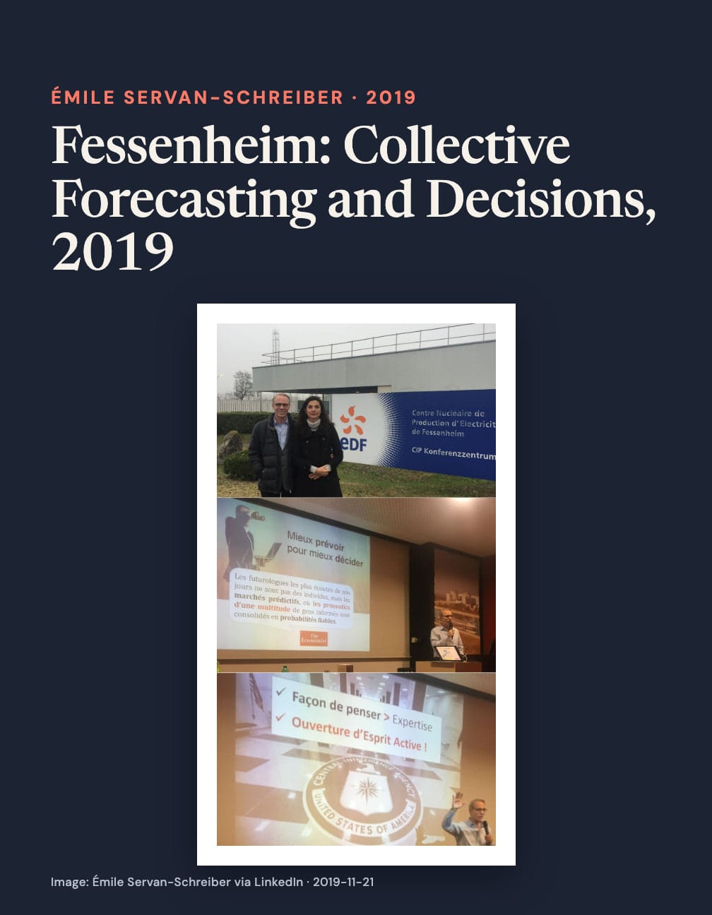 “Fessenheim: Collective Forecasting and Decisions, 2019” above three photographs of two people by EDF’s Fessenheim sign and a speaker with slides including “Mieux prévoir pour mieux décider” on navy.