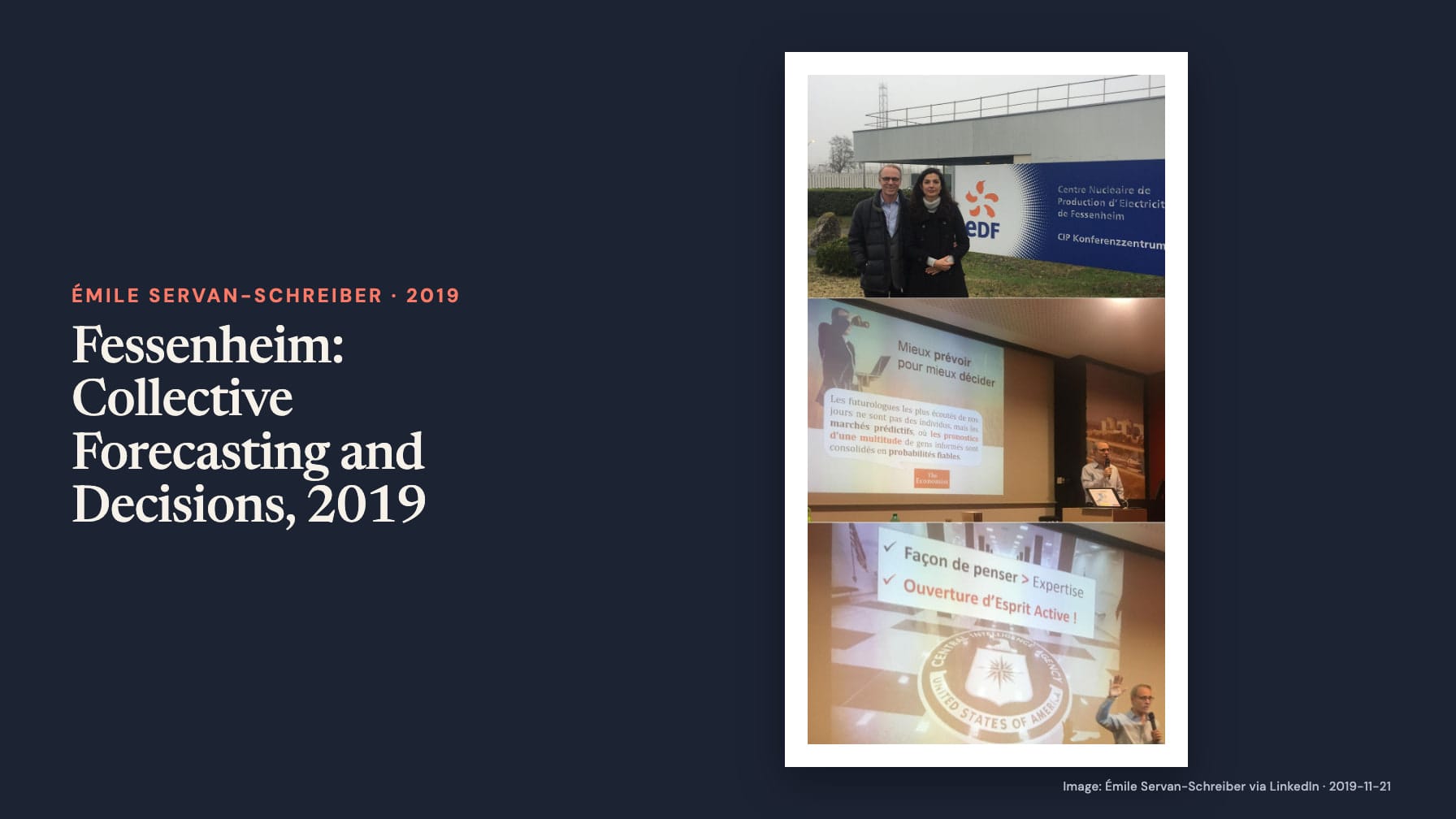 “Fessenheim: Collective Forecasting and Decisions, 2019” beside three photographs of two people by EDF’s Fessenheim sign and a speaker with slides including “Mieux prévoir pour mieux décider” on navy.