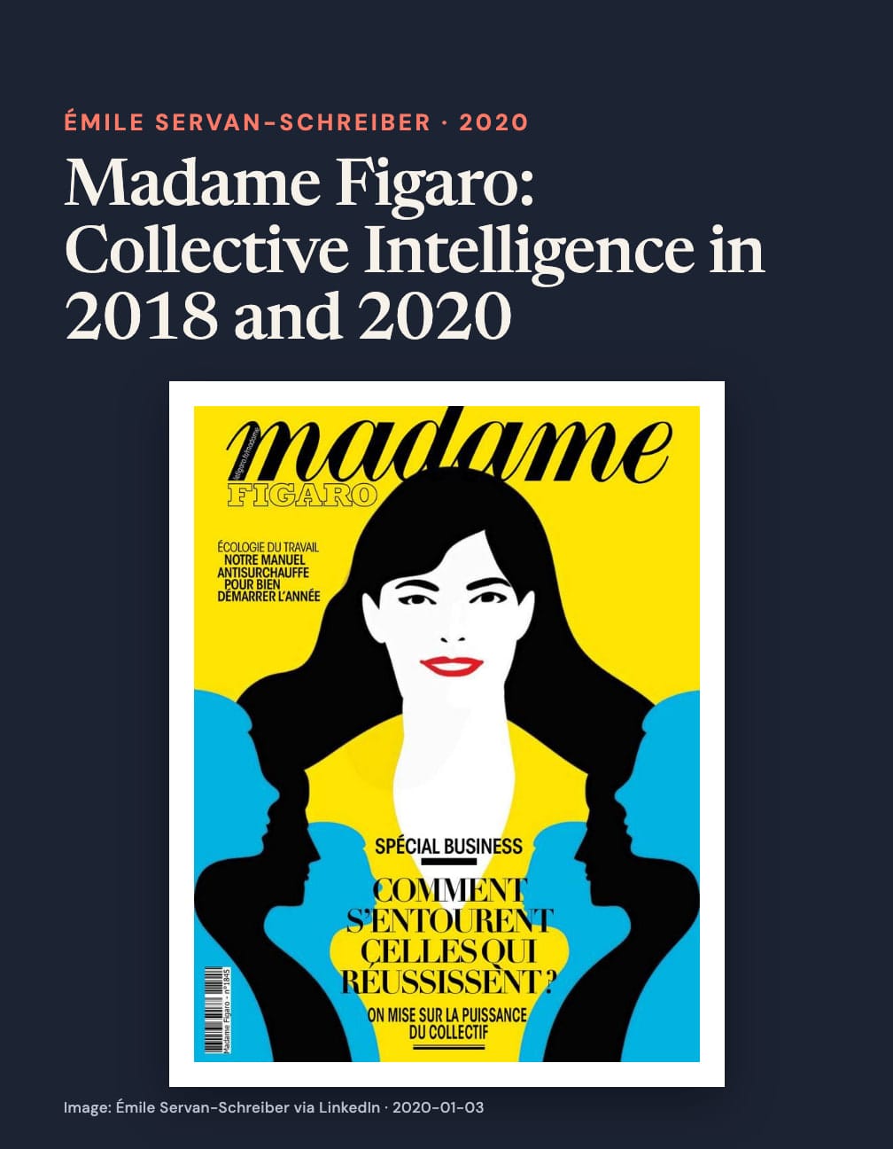 Navy card headed “Madame Figaro: Collective Intelligence in 2018 and 2020” above a yellow Madame Figaro cover with a woman and blue profile silhouettes, “Comment s’entourent celles qui réussissent?” and “On mise sur la puissance du collectif”.