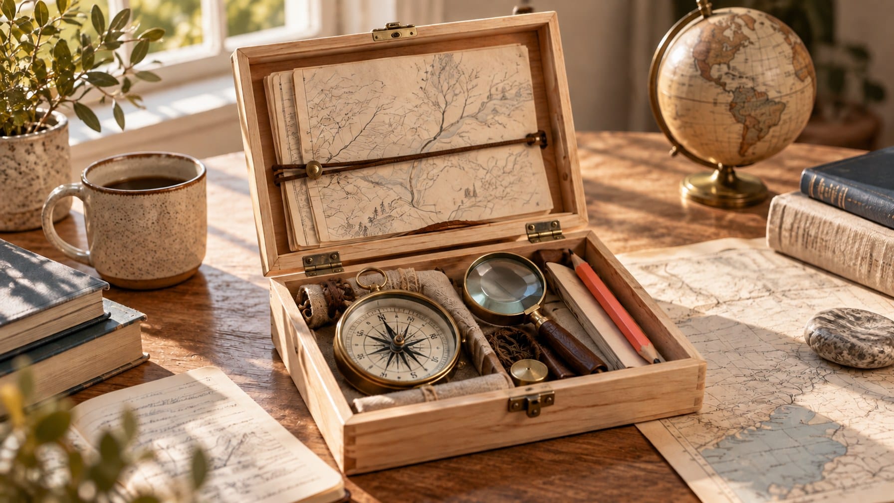 Editorial illustration of a wooden field kit containing a compass, magnifier, folded paper and coral pencil.