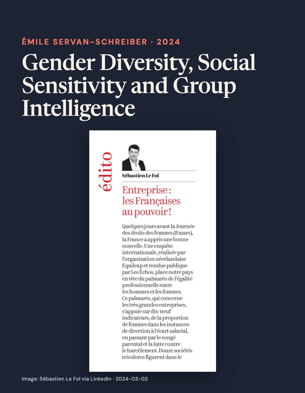 “Gender Diversity, Social Sensitivity and Group Intelligence” above a narrow French column with Sébastien Le Fol’s headshot and the red heading “Entreprise: les Françaises au pouvoir!” on navy.