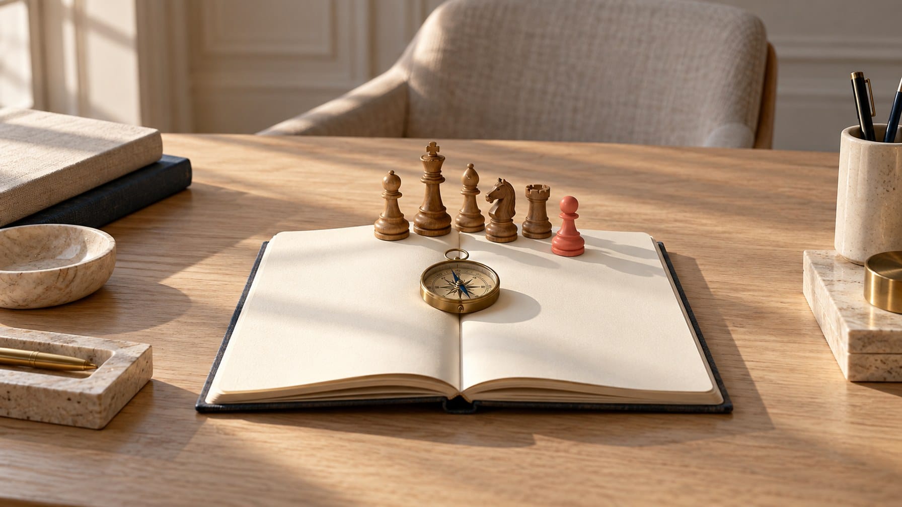 Editorial illustration of a compass and wooden strategy pieces on a notebook, including one coral piece joining the group.