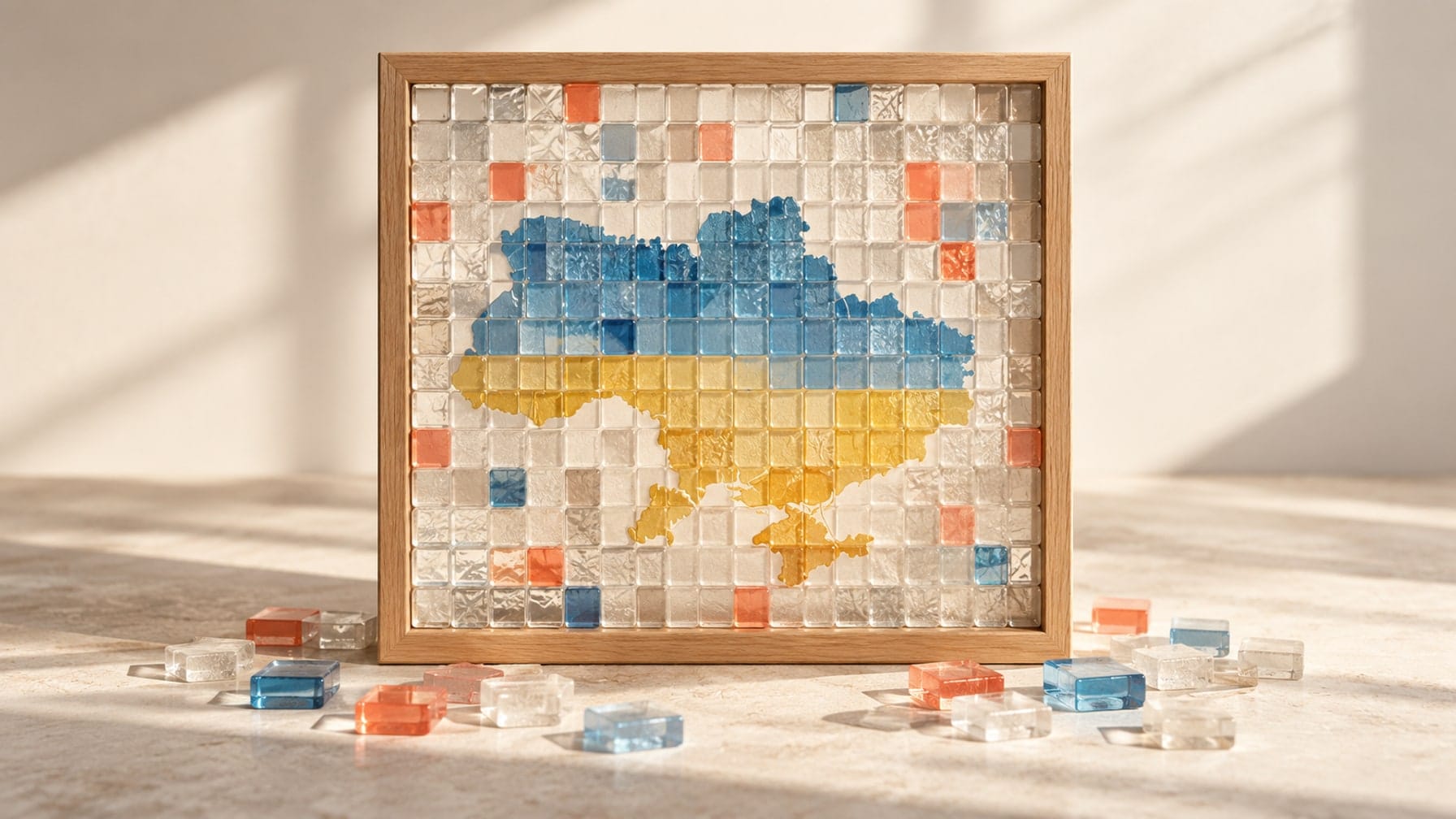 Editorial illustration of glass tiles in an oak frame revealing a blue and yellow paper silhouette of Ukraine.