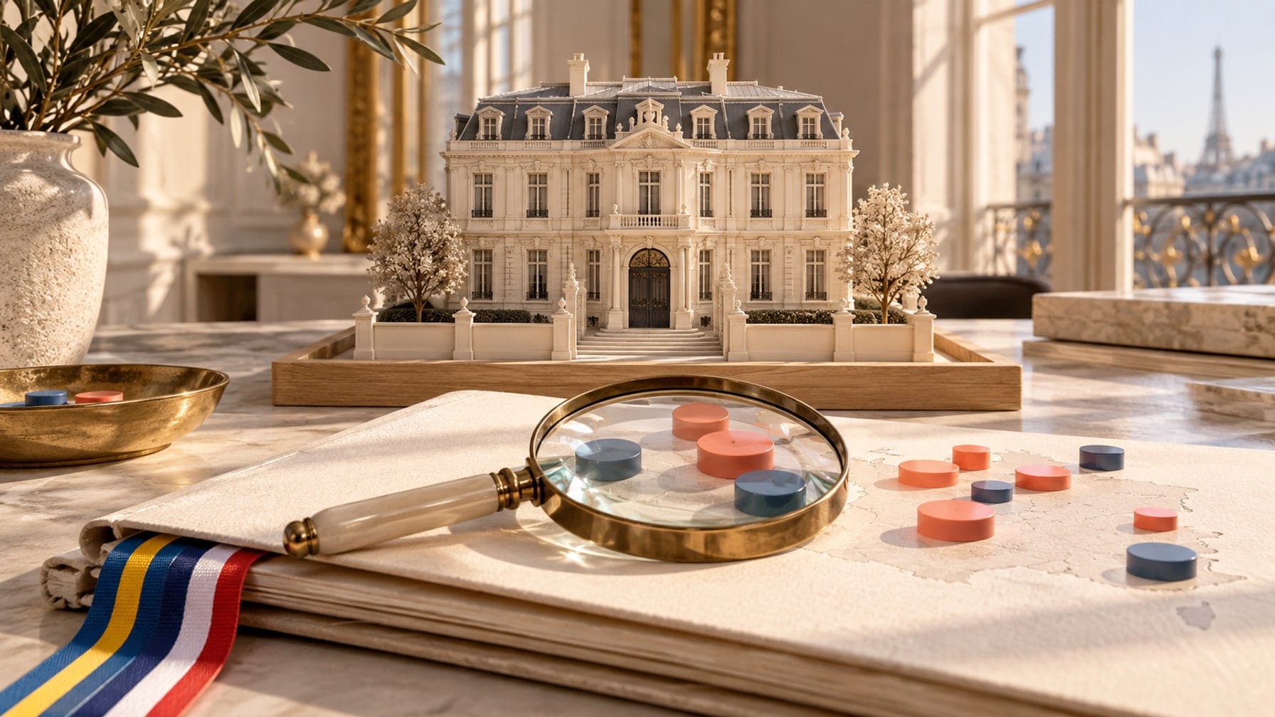 Editorial illustration of a miniature Parisian facade, a magnifying lens over forecast counters, and French and Swedish ribbon bookmarks.