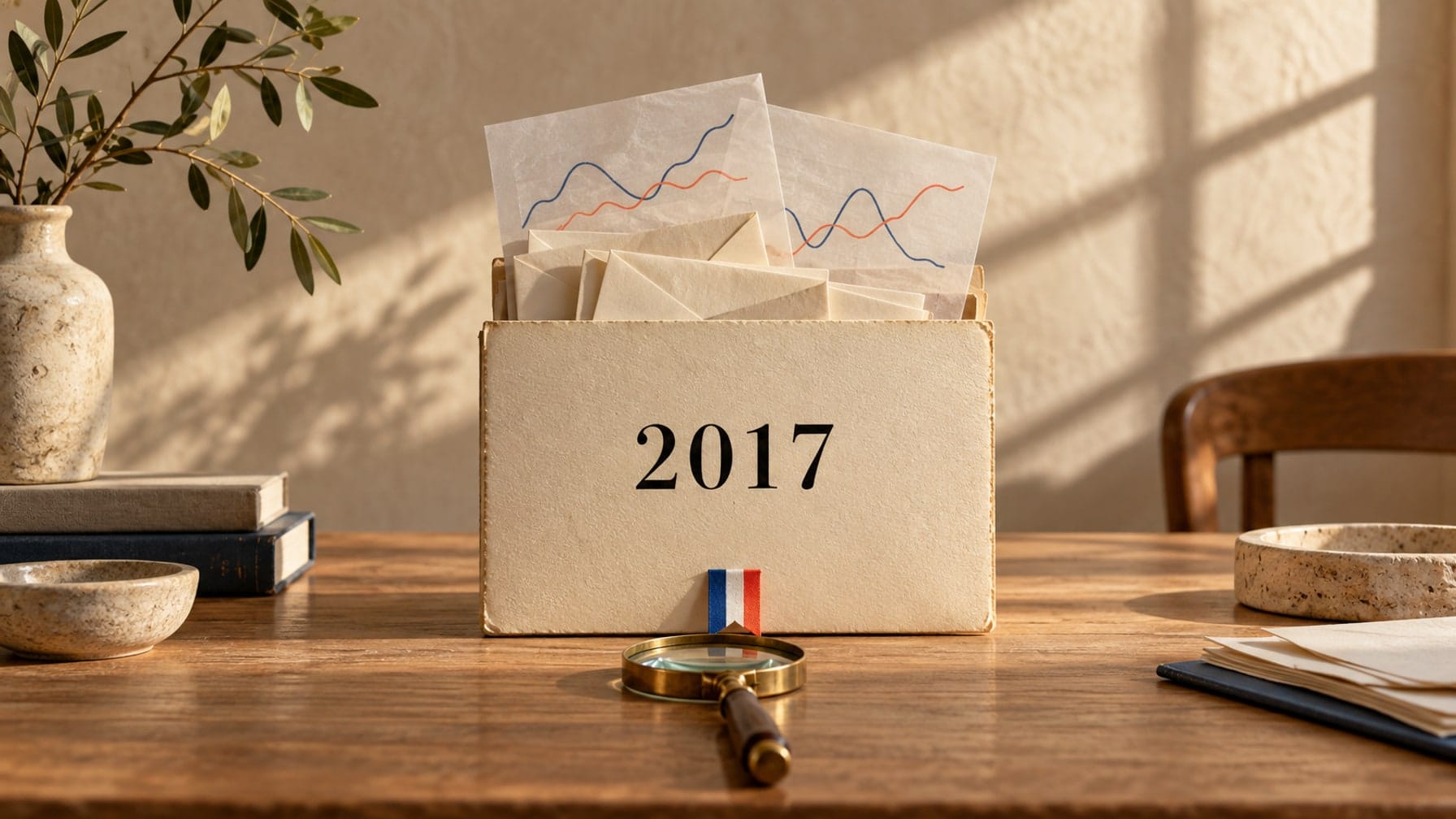Editorial illustration of a 2017 archive folder, ballot envelopes, translucent forecast sketches and a French tricolour ribbon.