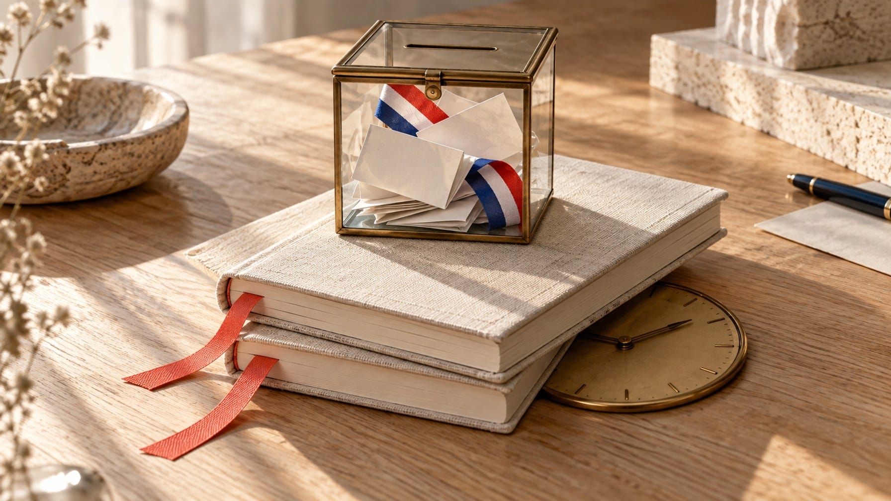 Editorial illustration of a glass ballot box with a French ribbon atop two annual notebooks, with a clock partly underneath.