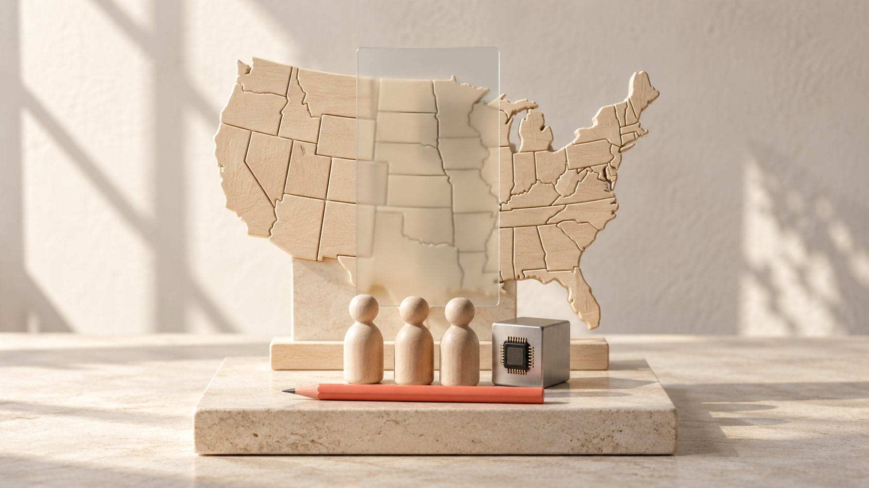 Editorial illustration of an ivory US state map behind three wooden forecaster figures and a metal cube containing a microchip.