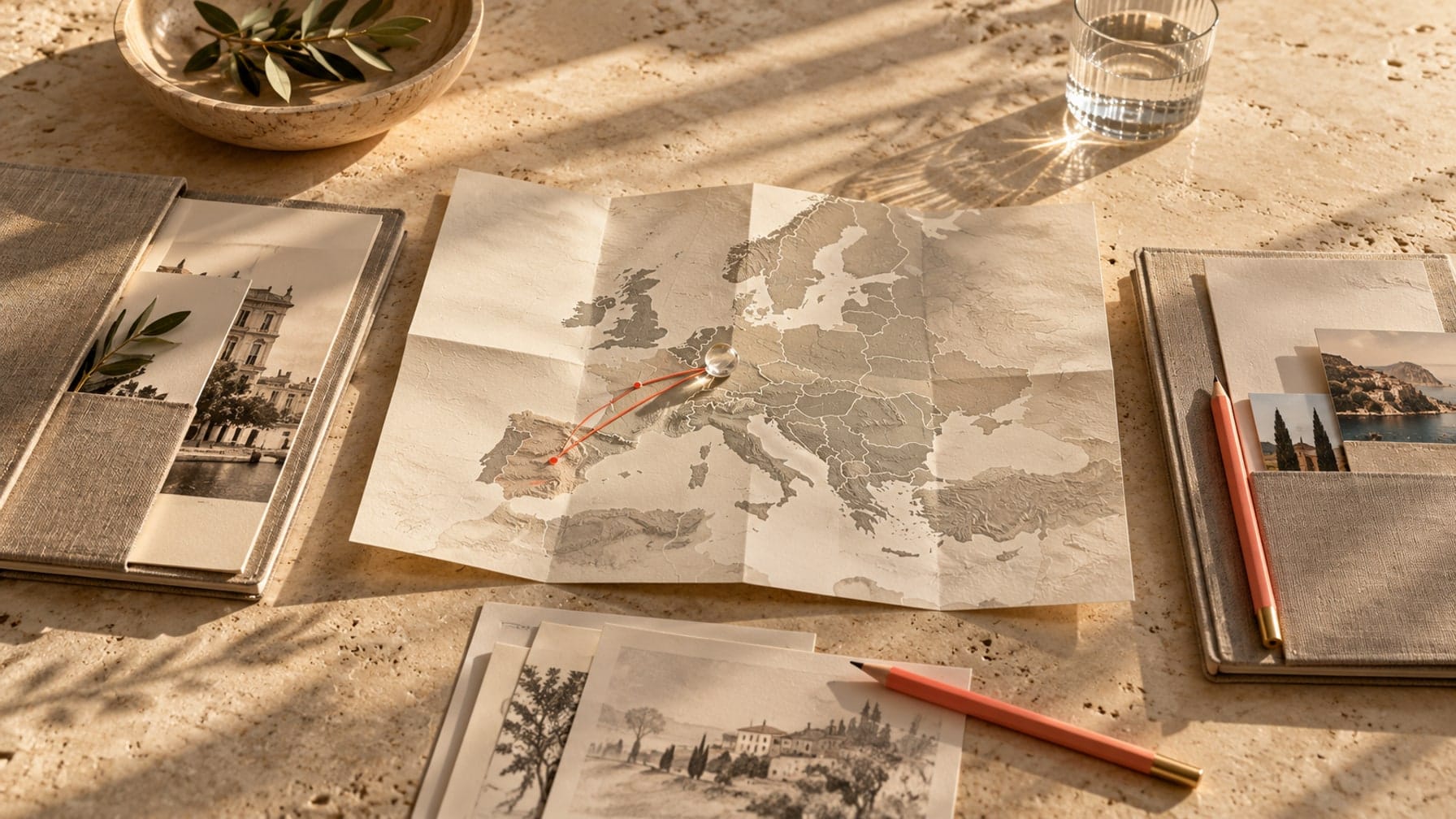 Editorial illustration of a paper map of Europe with coral connections between France and Spain, surrounded by linen strategy folders.