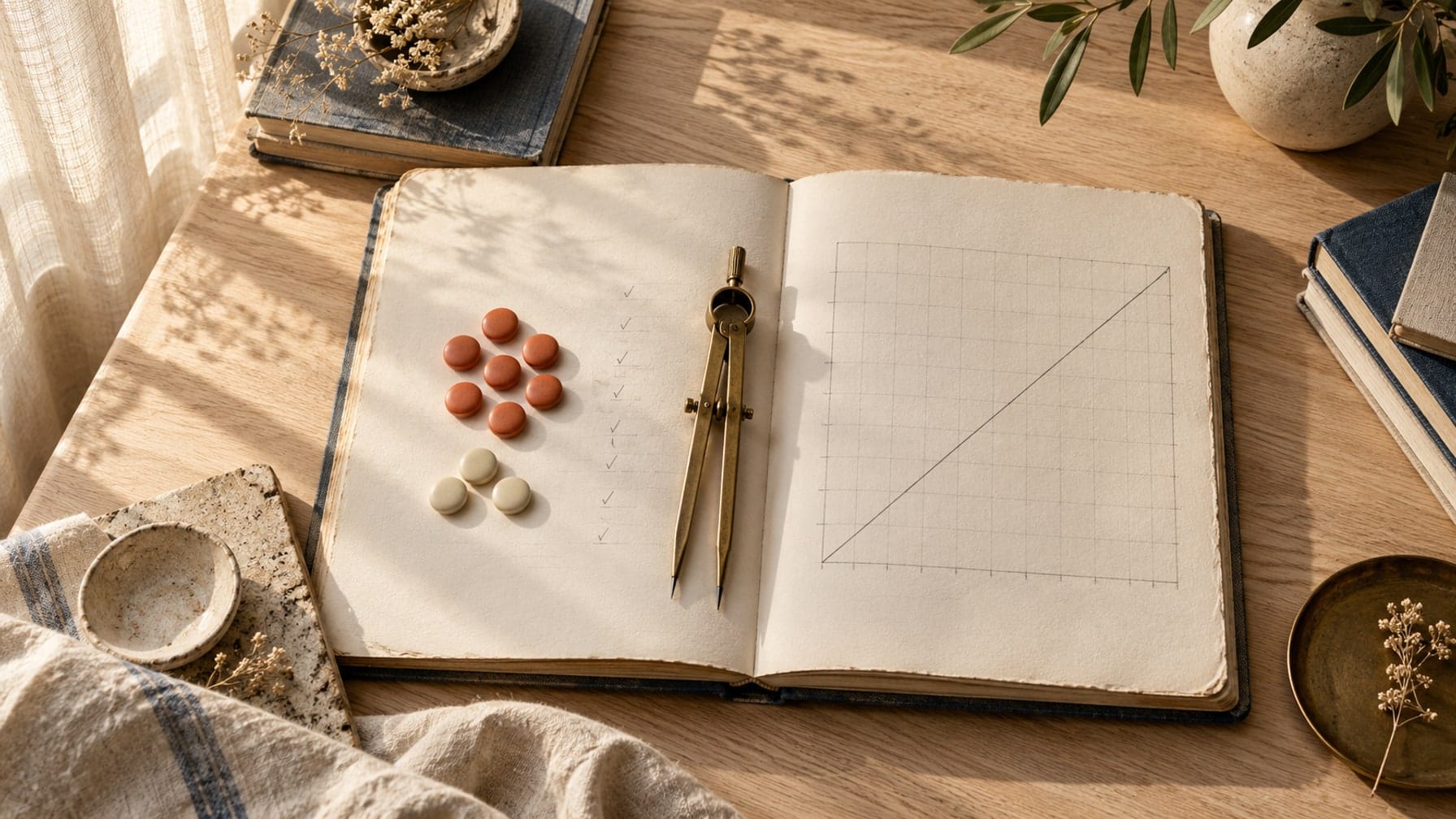 Editorial illustration of an archival ledger, coral and ivory counters, and a brass divider beside a diagonal calibration grid.