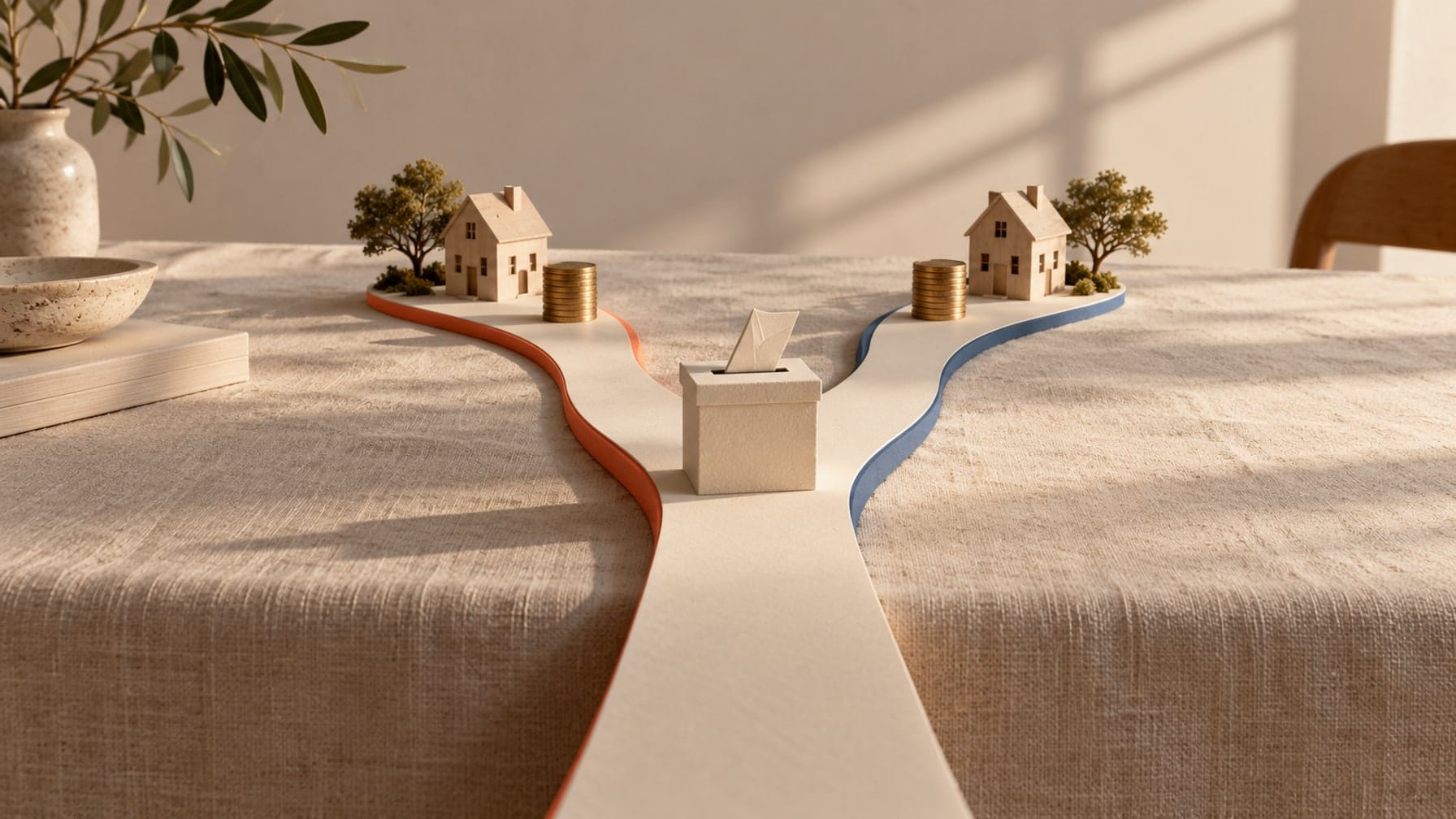 Editorial illustration of a ballot box at a fork in two paper roads leading toward model houses and coins.
