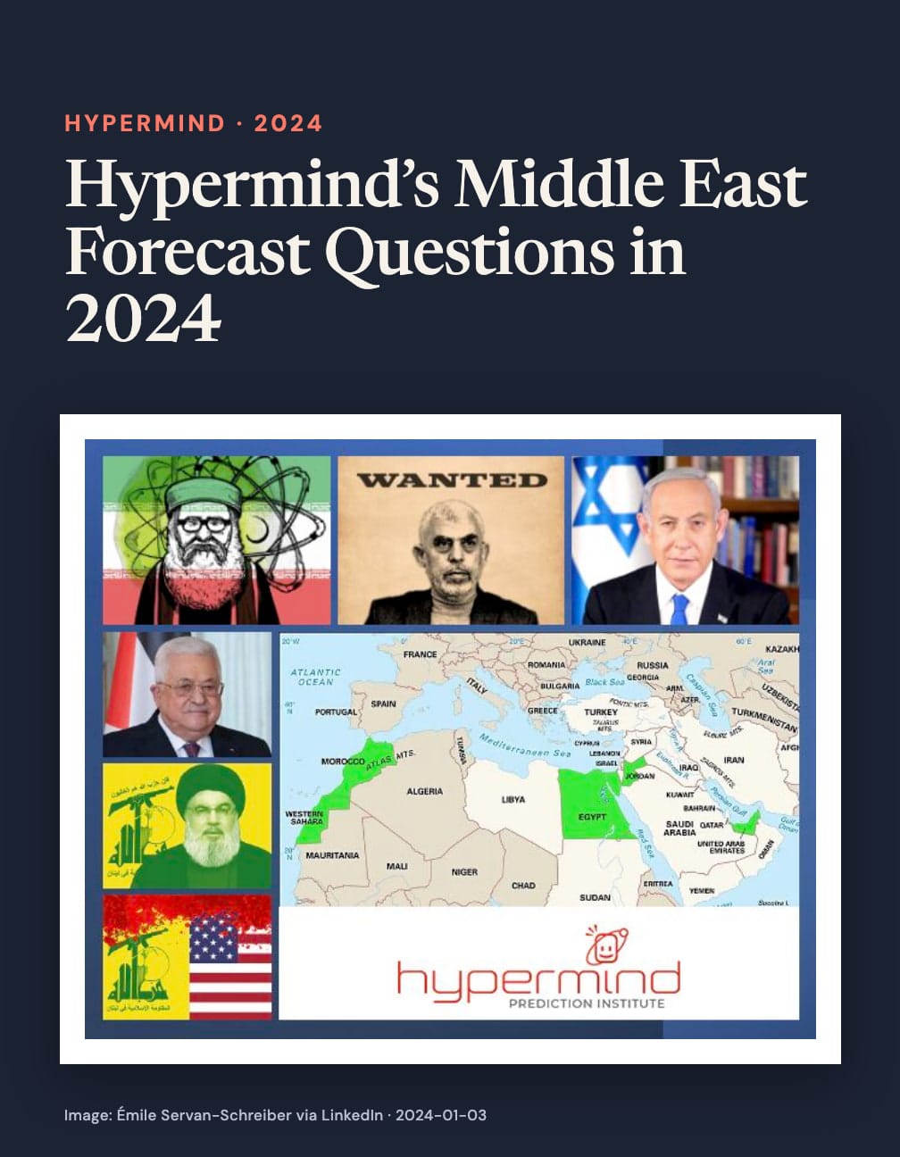 Navy card headed “Hypermind’s Middle East Forecast Questions in 2024” above a collage of portraits, a “WANTED” panel, flags, a Middle East and North Africa map, and the Hypermind logo.