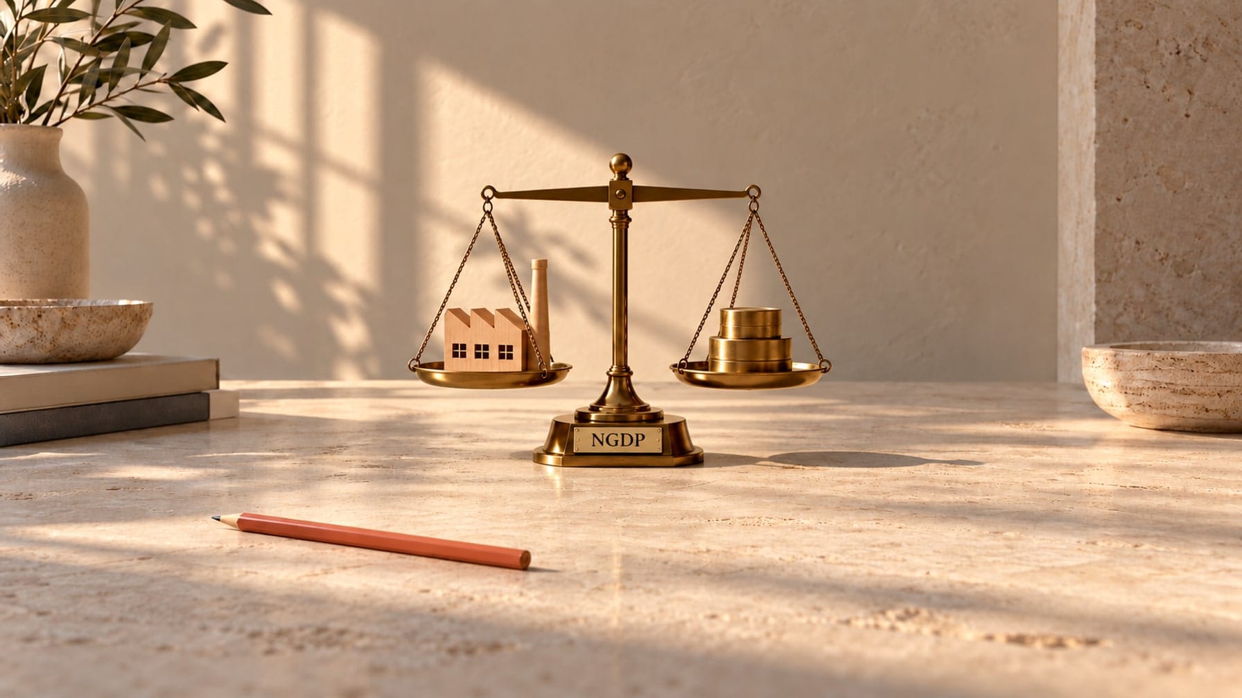 Editorial illustration of brass scales marked NGDP, balancing a miniature factory and a stack of coins.