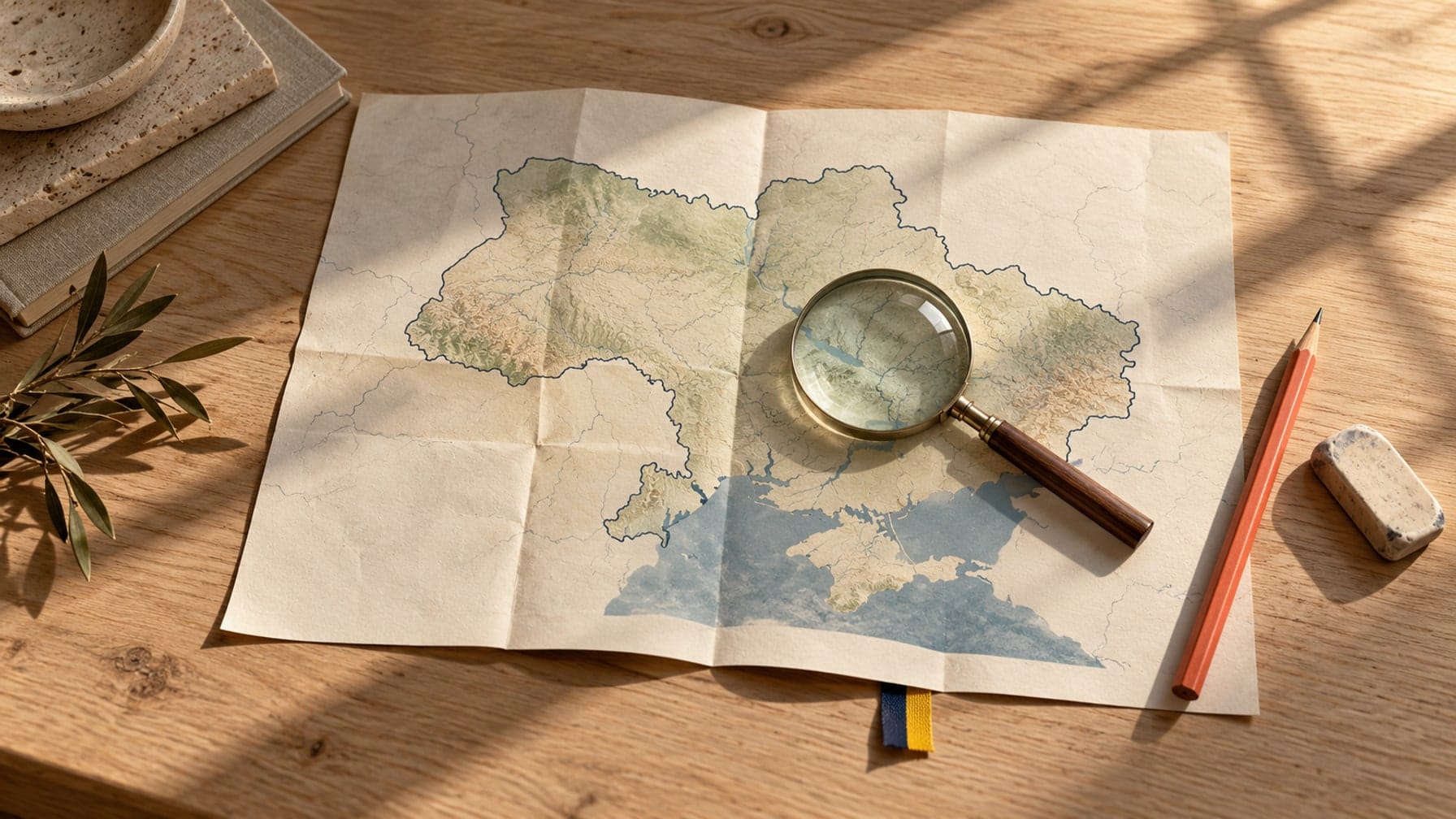 Editorial illustration of a magnifying glass on a folded map of Ukraine beside a coral pencil and eraser.
