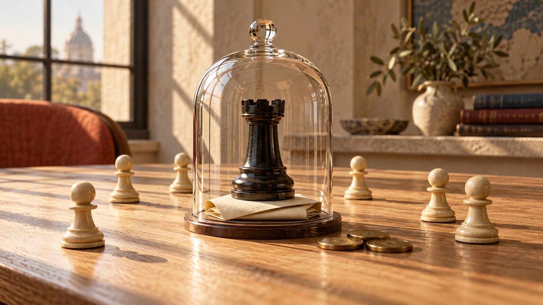 Editorial illustration of a black chess rook raised by a concealed envelope beneath glass, with ivory pawns and coins outside.