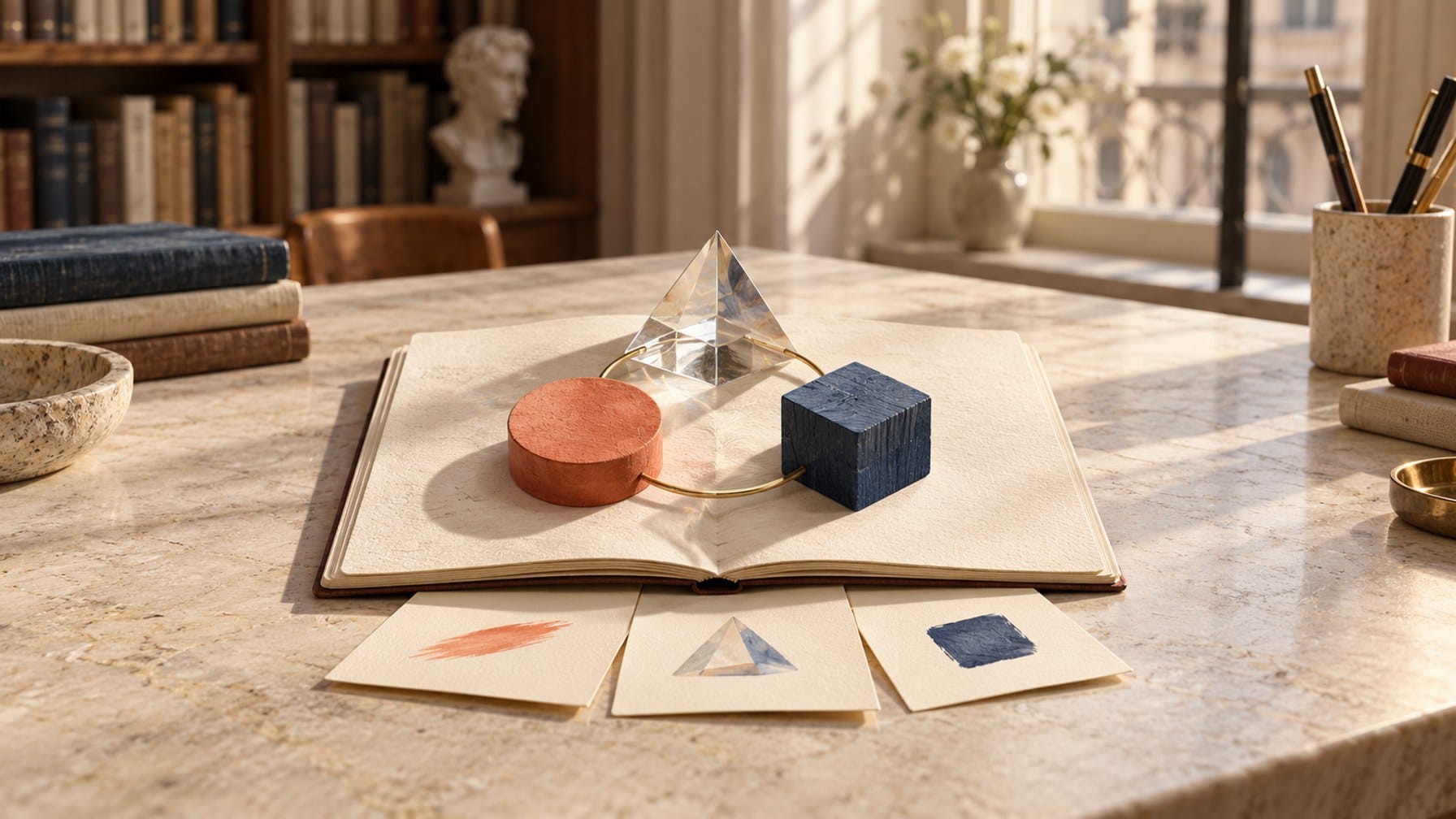 Editorial illustration of a glass prism, coral disc and blue cube linked on an open lecture booklet.