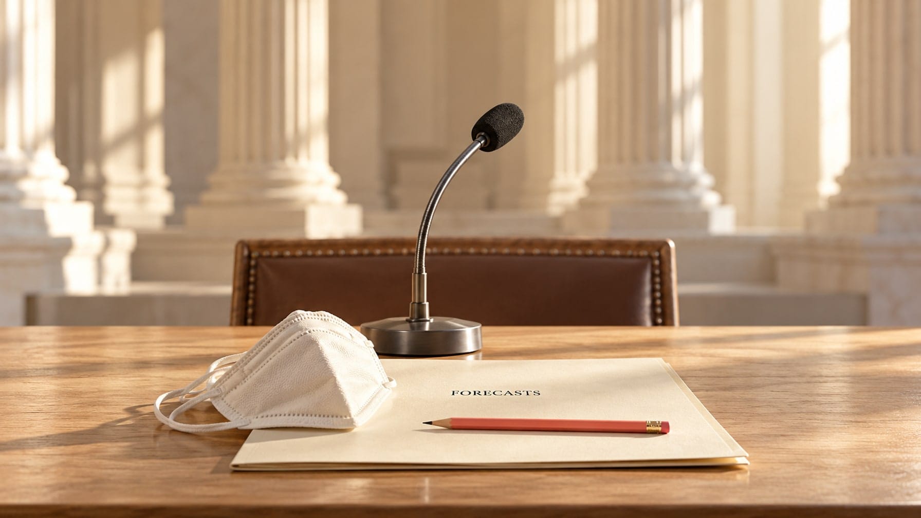 Editorial illustration of a hearing microphone, medical mask and forecast folder on a witness table.