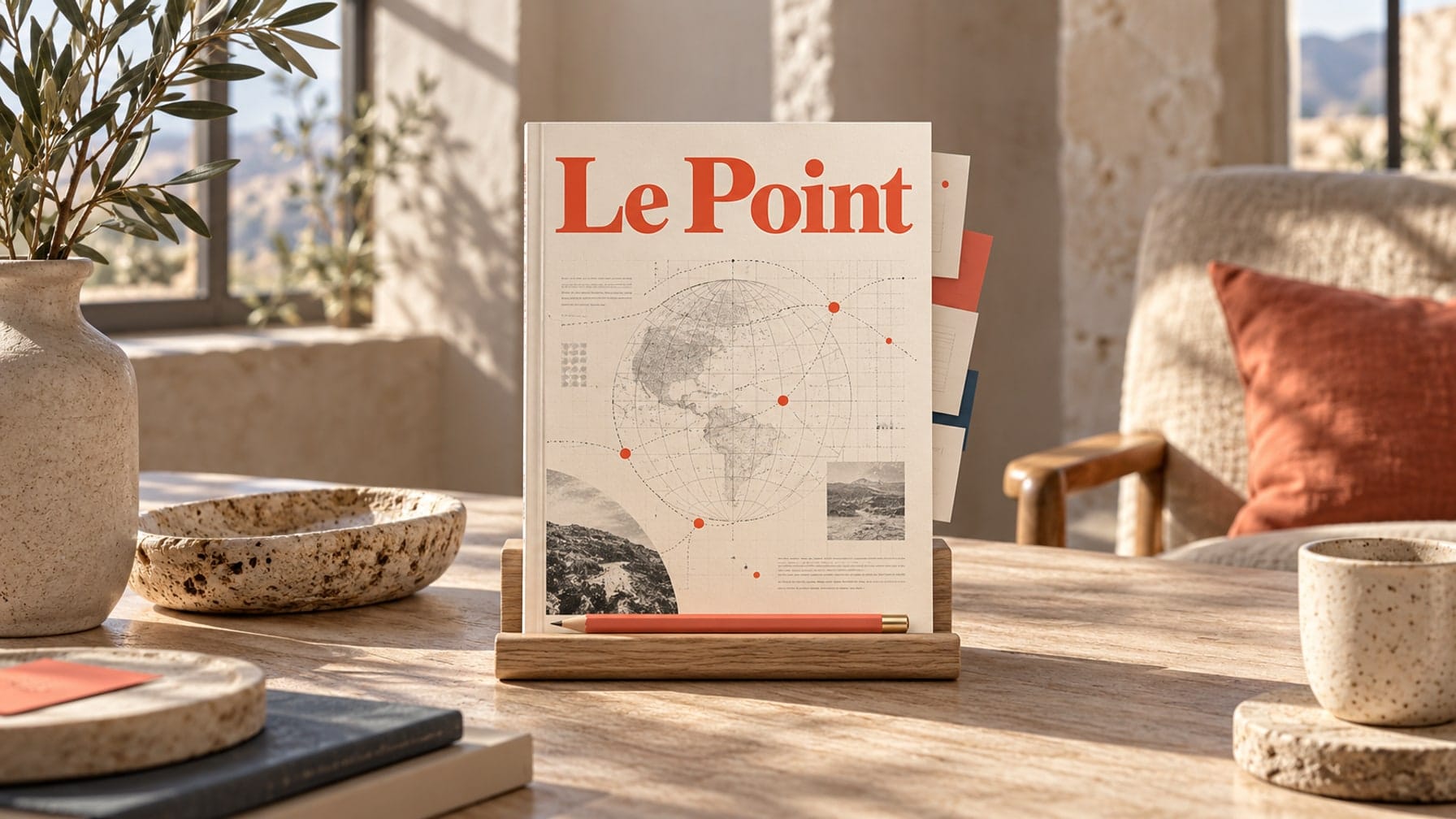Editorial illustration of an upright Le Point magazine on an oak stand, with reader-response cards and a coral pencil.