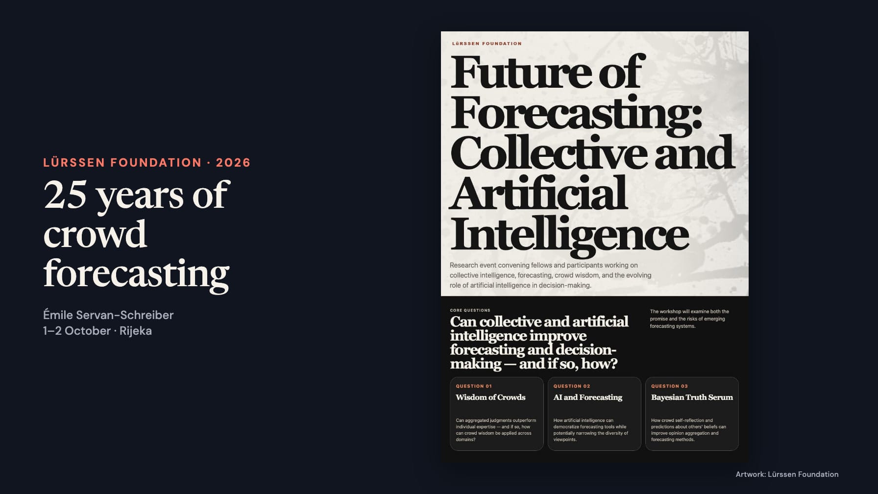 Lürssen Foundation poster titled Future of Forecasting: Collective and Artificial Intelligence beside the words 25 years of crowd forecasting, Émile Servan-Schreiber and 1–2 October · Rijeka.