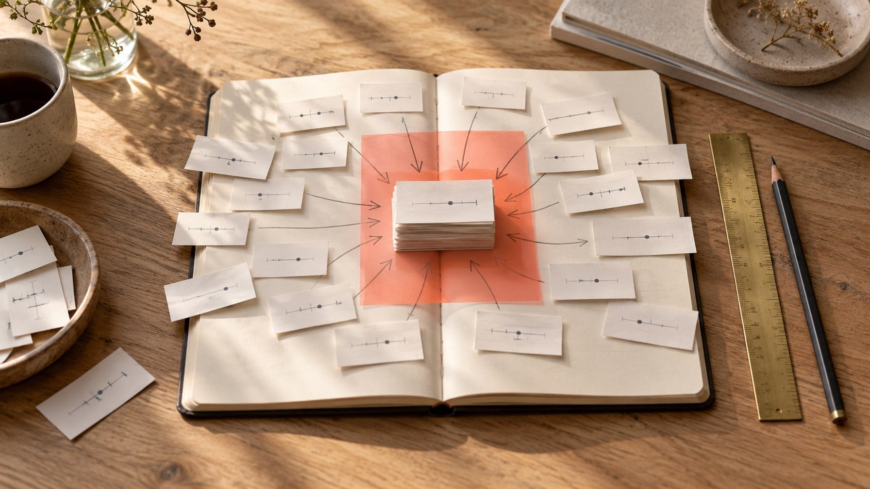 Editorial illustration of individual probability slips gathered into a shared forecast on a sunlit research notebook