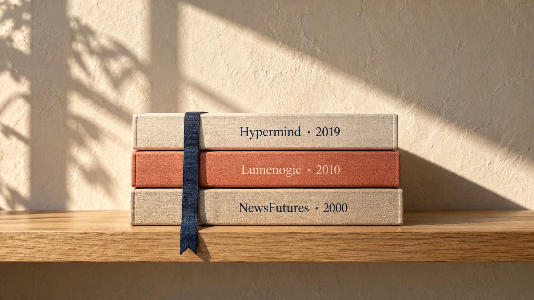 Editorial illustration of three archival books labelled NewsFutures 2000, Lumenogic 2010 and Hypermind 2019.