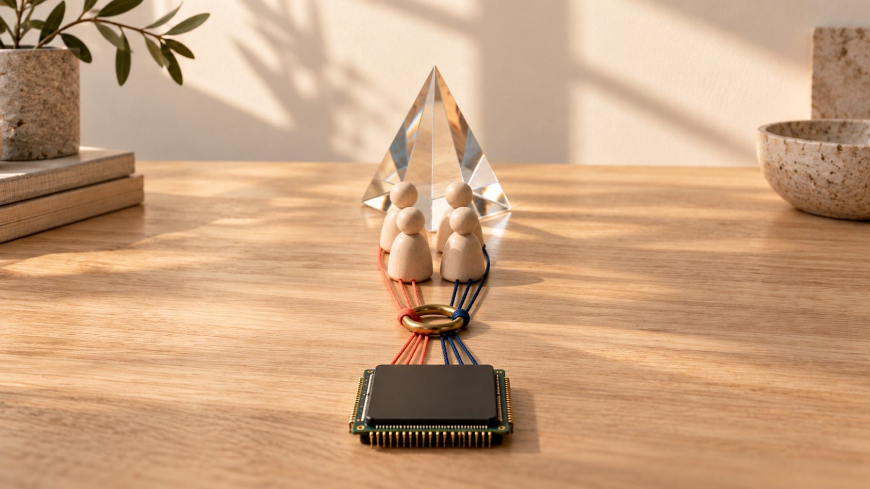 Editorial illustration of wooden human figures and a processor joined by threads at a brass ring beside a glass prism.