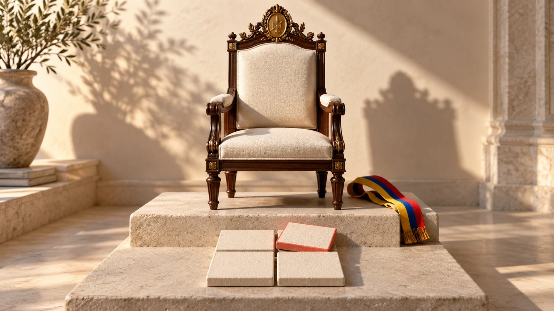 Editorial illustration of an empty miniature presidential chair, a Venezuelan ribbon, and four paper tiles with one edged in coral.