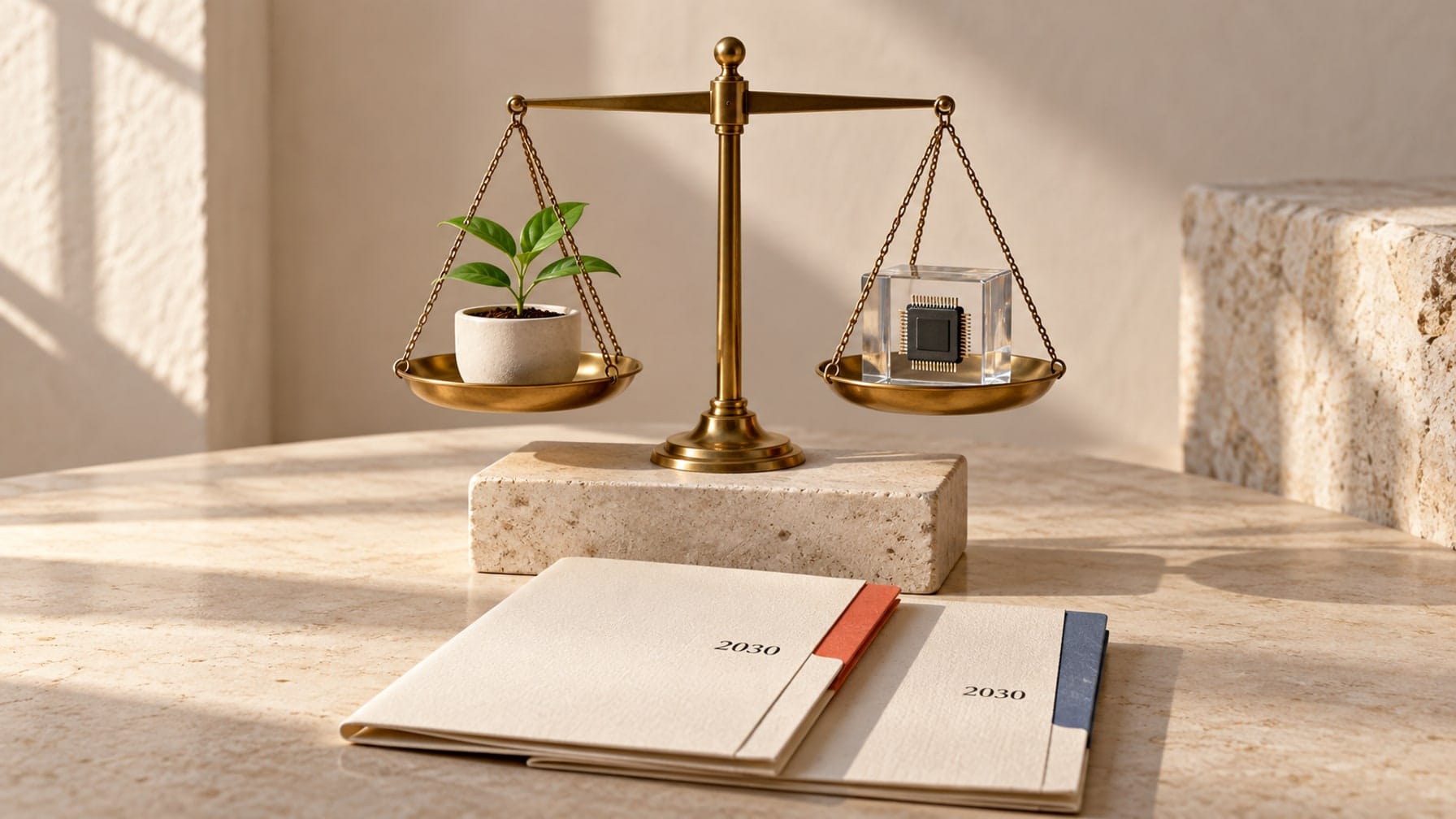 Editorial illustration of a brass balance holding a seedling and a glass-encased microchip above forecast folios marked 2030.