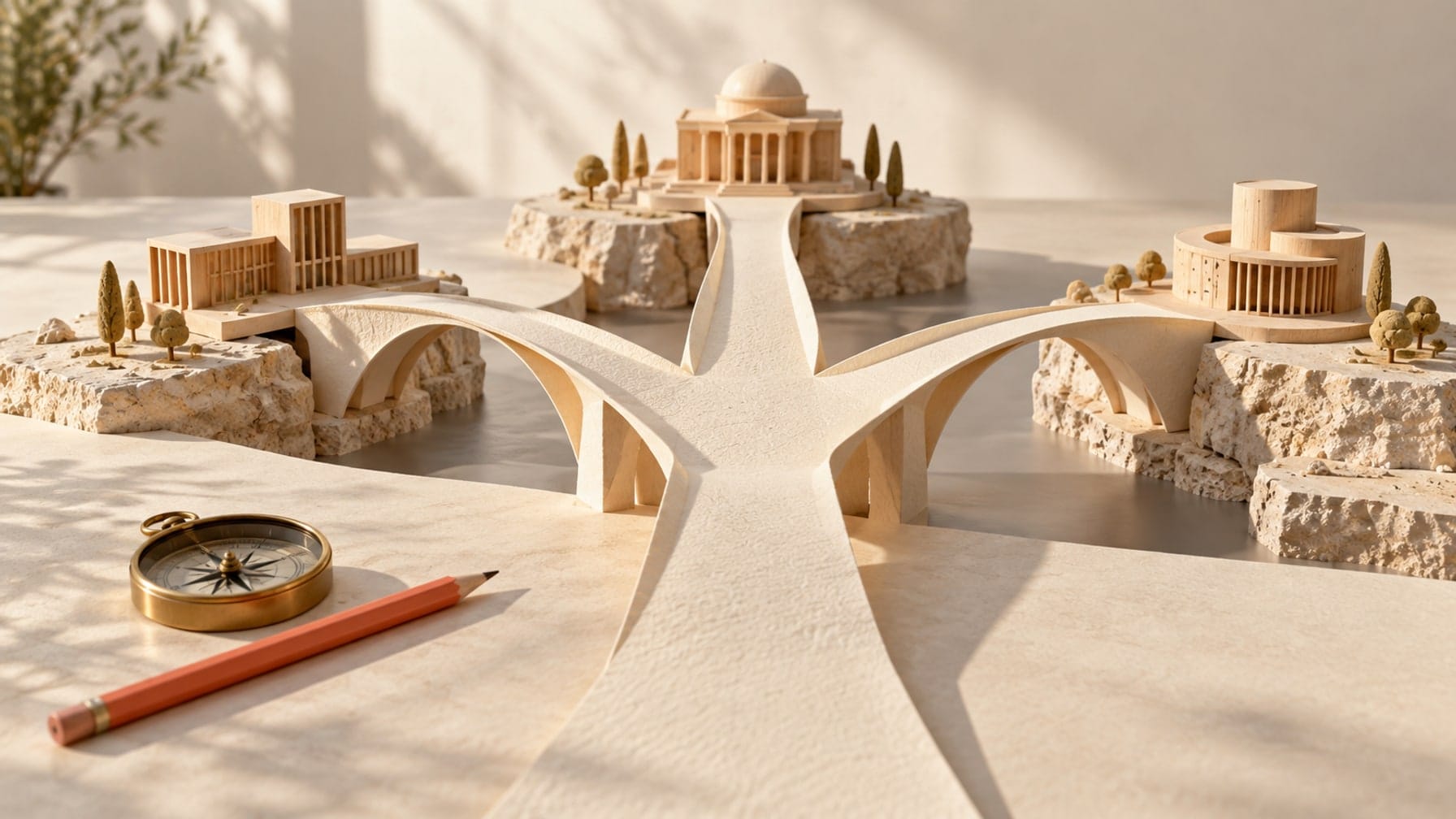 Editorial illustration of folded paper paths crossing gaps toward small wooden civic buildings, with a compass and coral pencil.