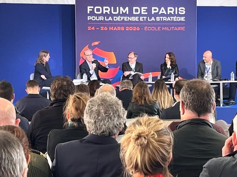 Emile Servan-Schreiber speaking on a panel at the 2026 Paris Defence and Strategy Forum