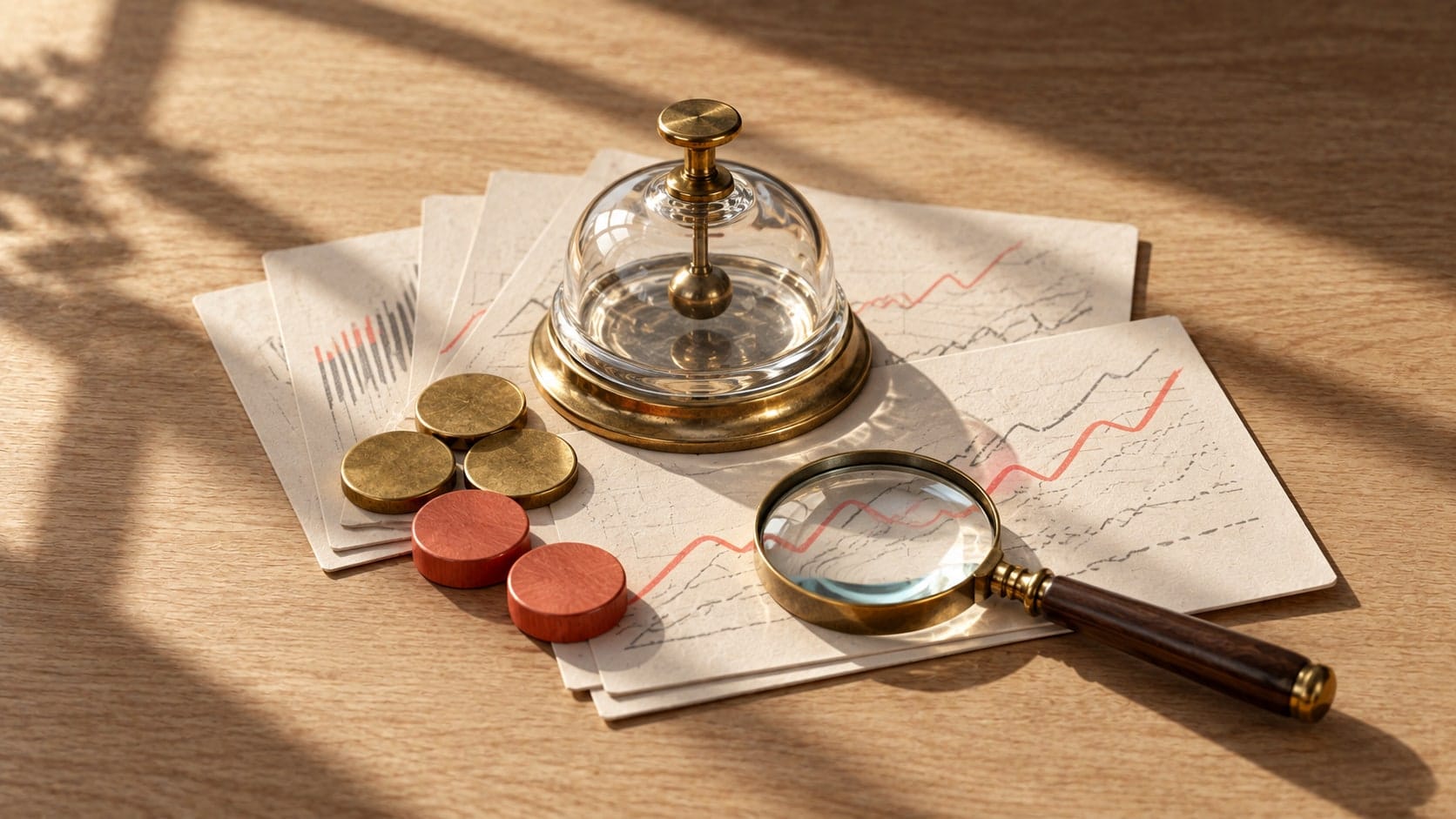 Editorial illustration of an auction bell, information cards, trading tokens and a magnifying glass on a sunlit desk