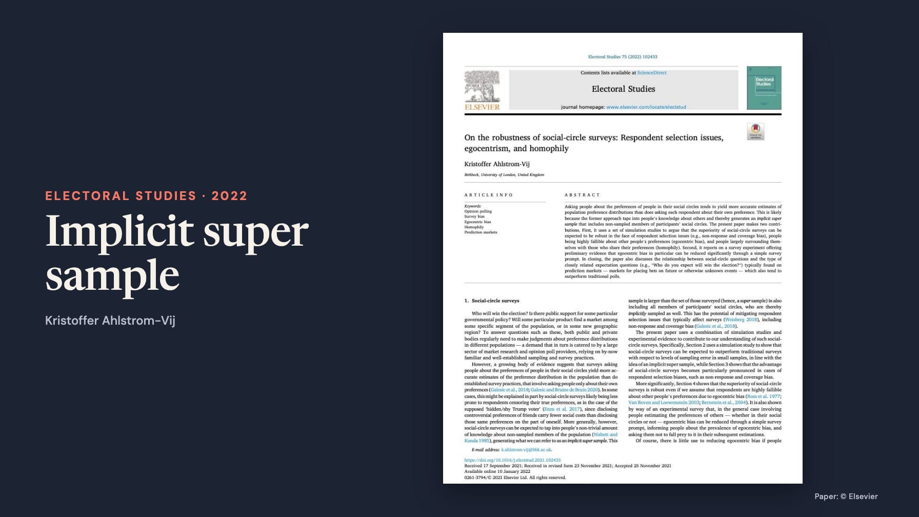 The first page of Kristoffer Ahlstrom-Vij’s Electoral Studies paper On the robustness of social-circle surveys beside a navy panel reading Electoral Studies · 2022, Implicit super sample and the author’s name.