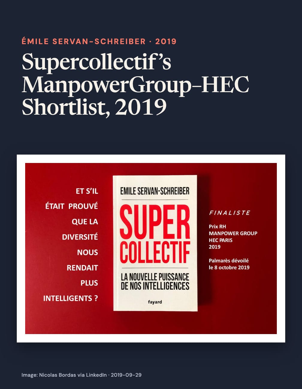 “Supercollectif’s ManpowerGroup–HEC Shortlist, 2019” above a red poster displaying Supercollectif and “Finaliste, Prix RH Manpower Group HEC Paris 2019,” with results announced 8 October 2019 on navy.