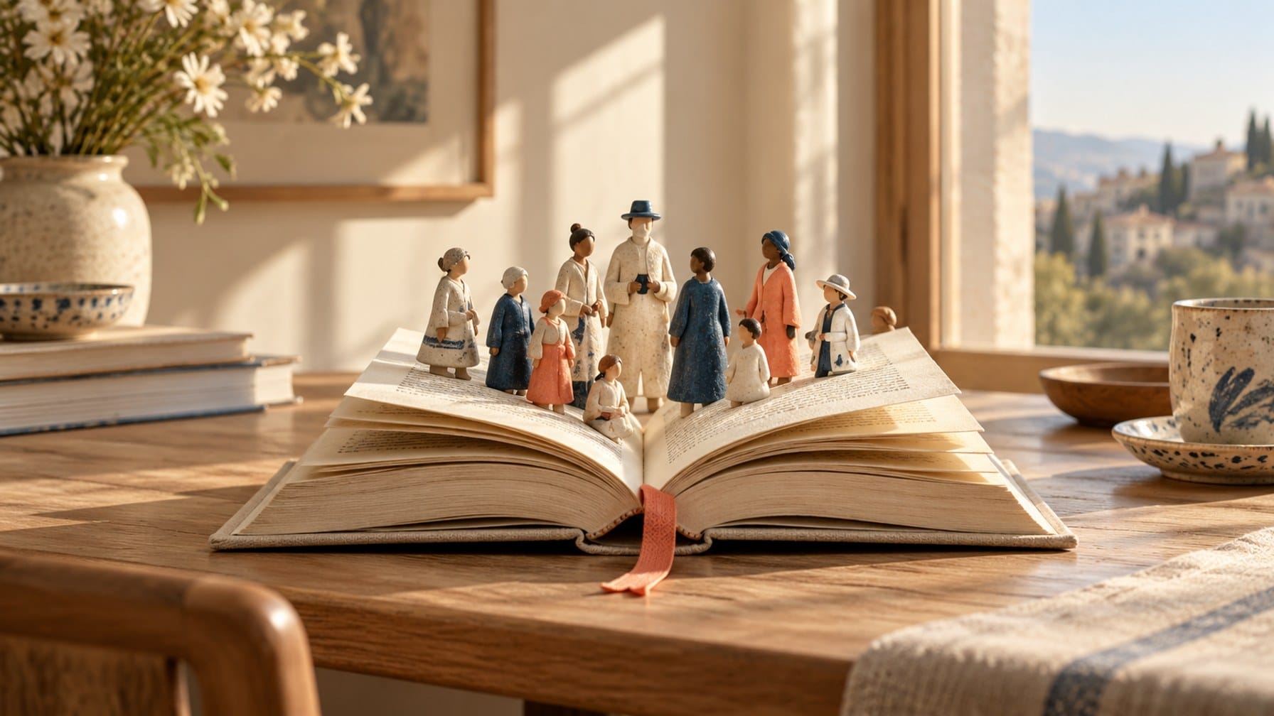 Editorial illustration of a group of small ceramic figures standing on an open book with a coral bookmark.