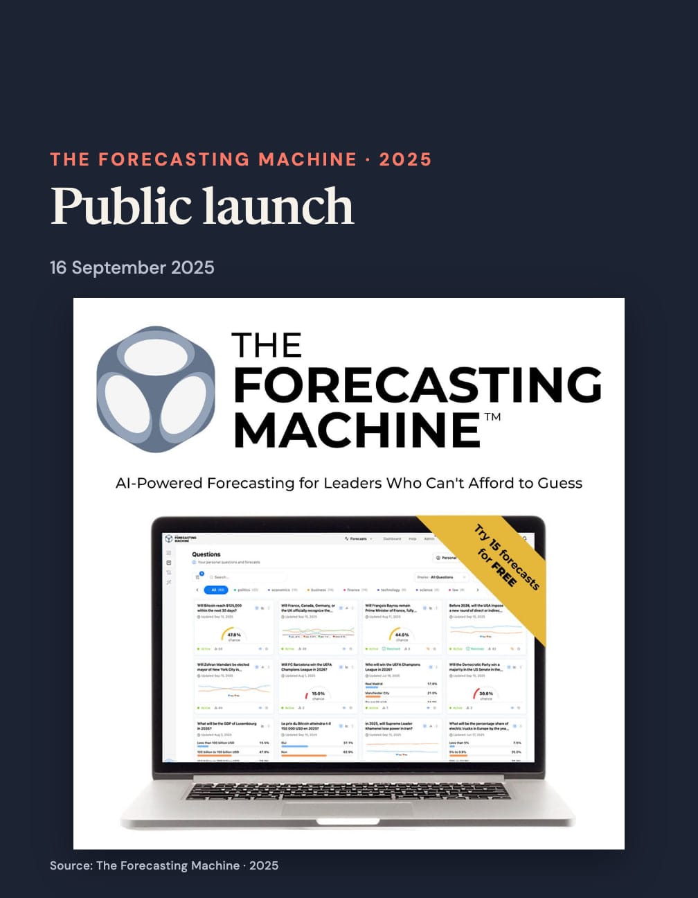 A navy card labelled “Public launch”, dated 16 September 2025, above the complete TFM logo and laptop launch graphic with its yellow free-forecast banner.