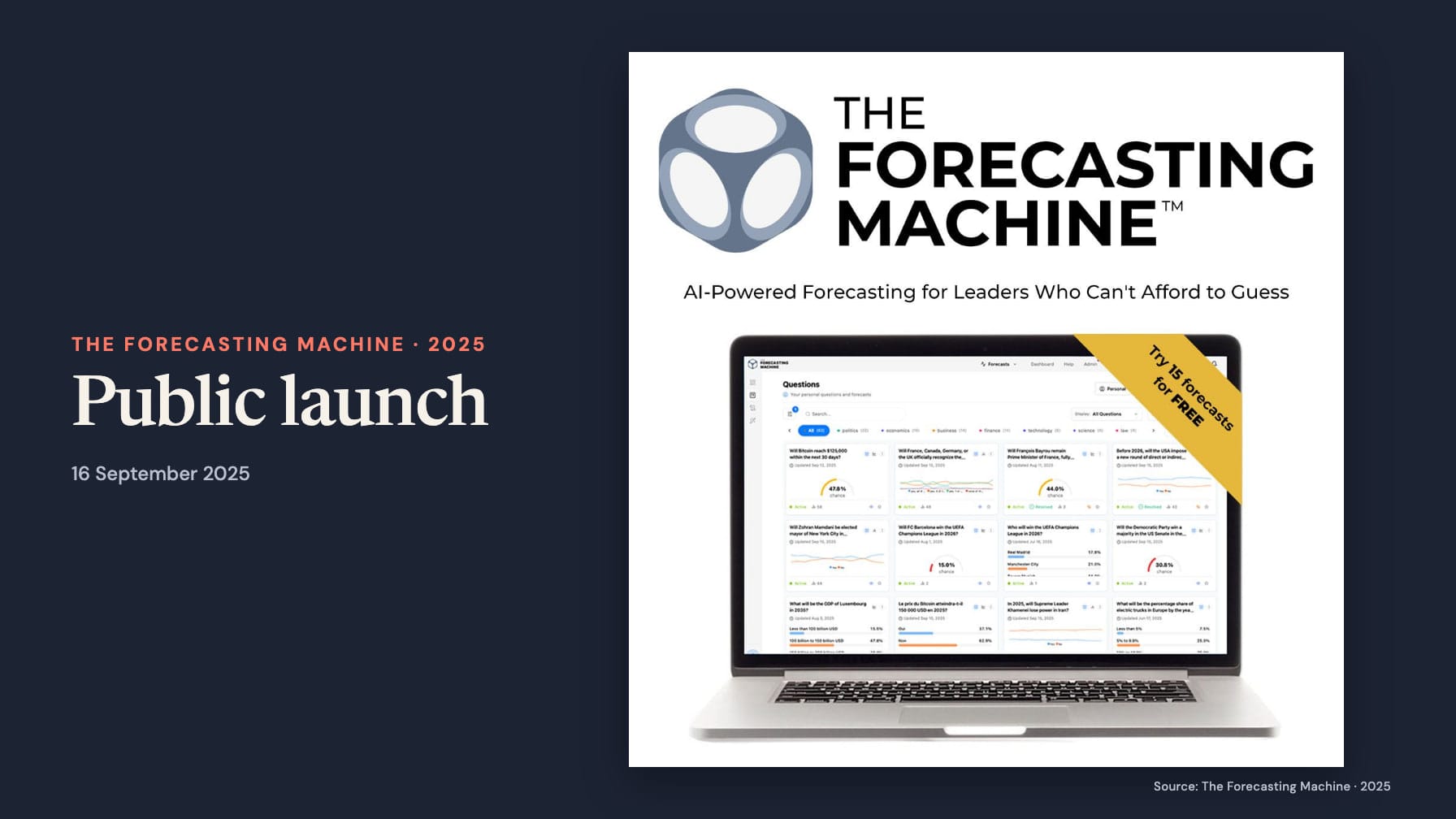 TFM’s original logo and laptop launch graphic beside a navy panel reading “Public launch” and “16 September 2025”. The original yellow banner reads “Try 15 forecasts for FREE”.