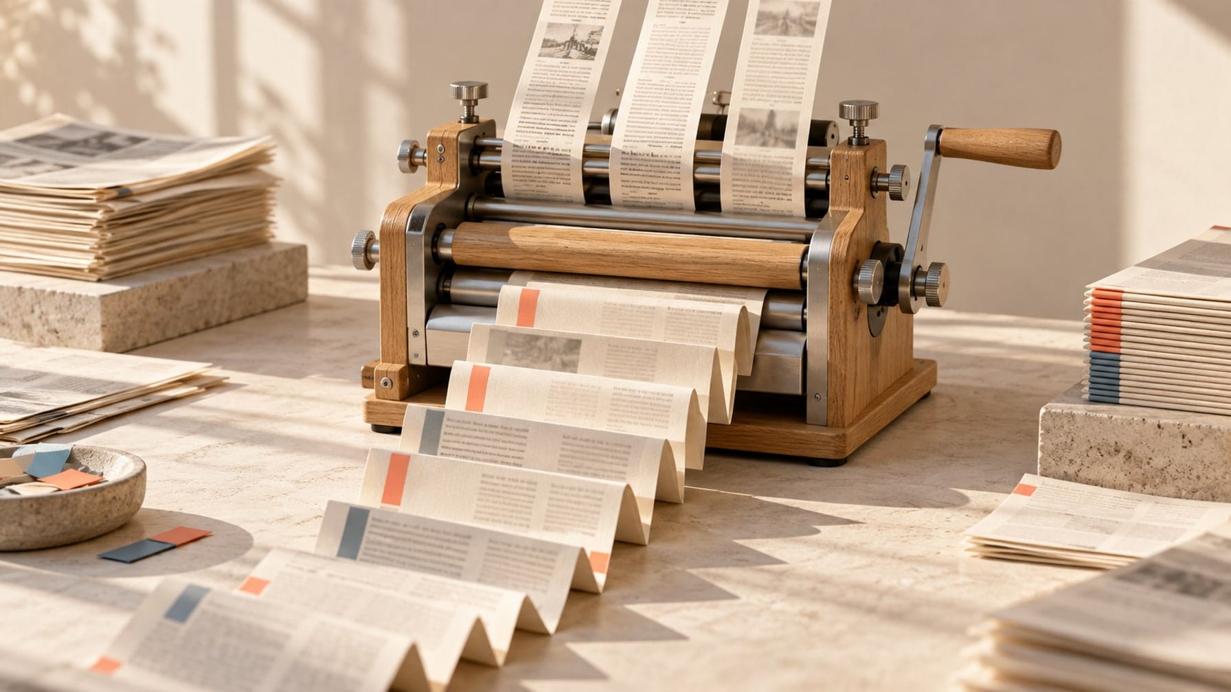 Editorial illustration of a small paper press turning loose newsprint strips into an organized accordion-fold sheet with colored tabs.