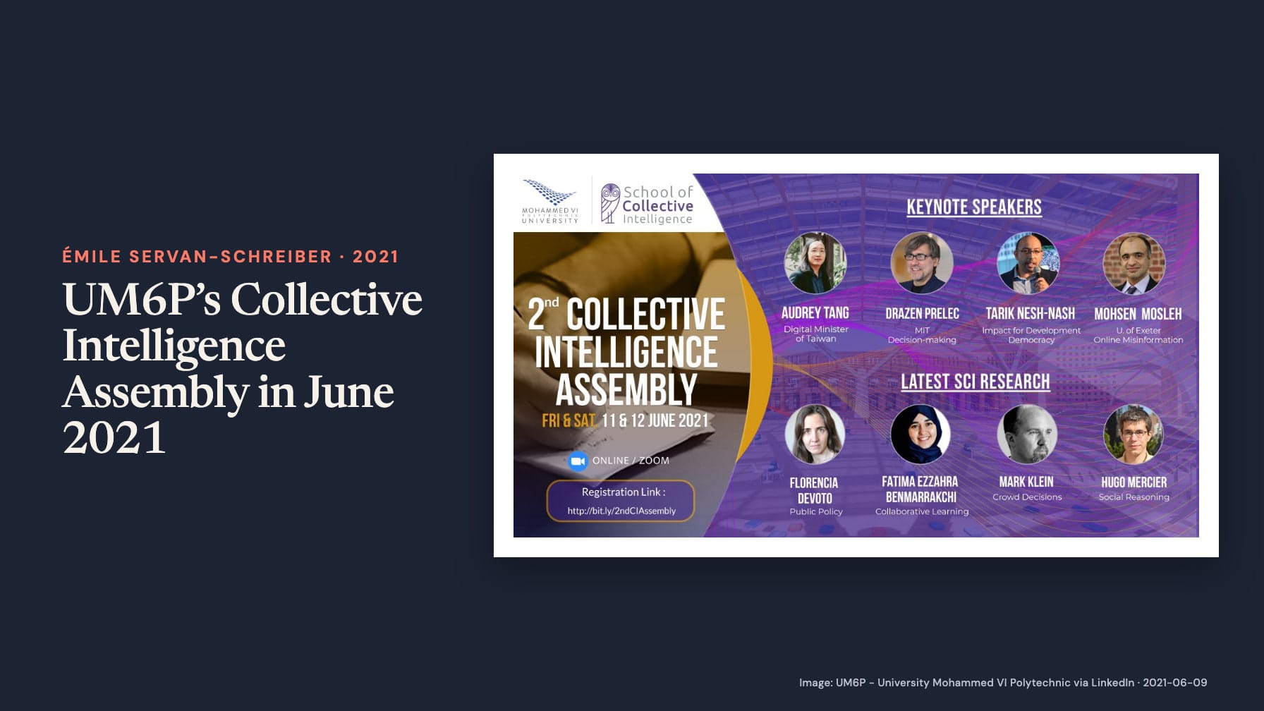 “UM6P’s Collective Intelligence Assembly in June 2021” beside a purple poster for the 2nd Collective Intelligence Assembly, online via Zoom on 11–12 June 2021, with eight speaker headshots on navy.