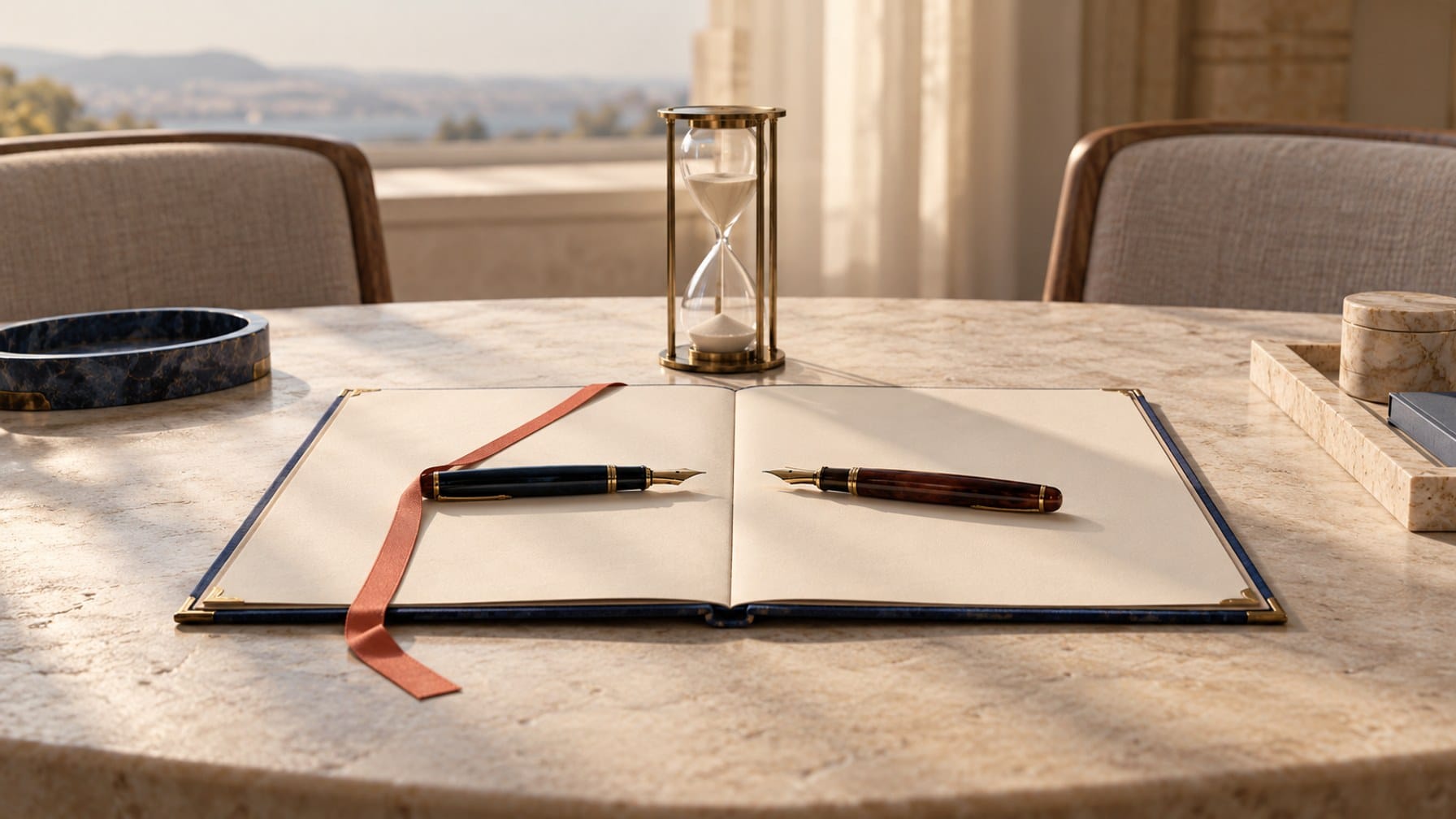 Editorial illustration of an unsigned agreement, opposing fountain pens and an hourglass on a negotiation table.