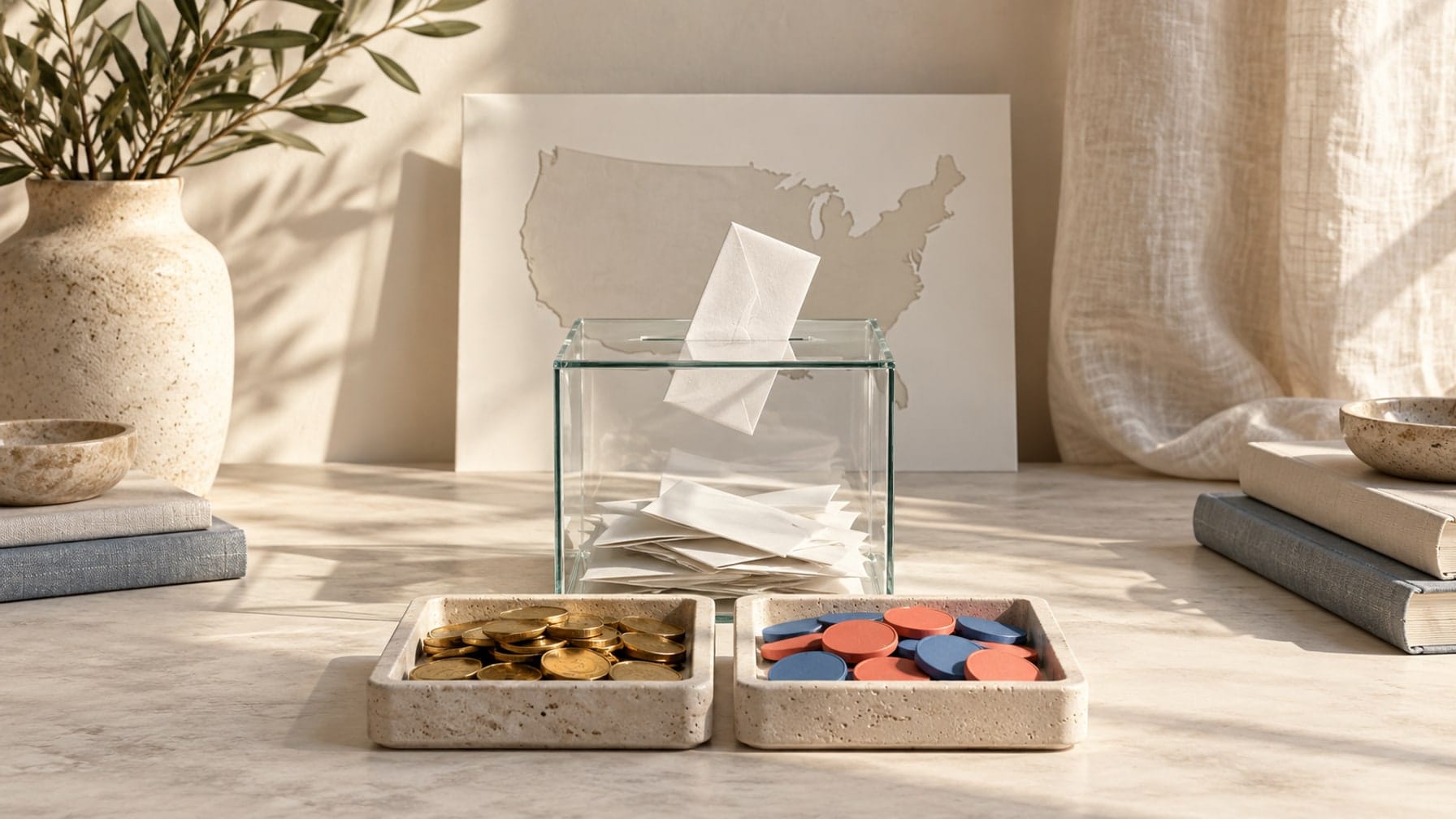 Editorial illustration of a glass ballot box above two trays containing brass coins and colored wooden forecasting counters.